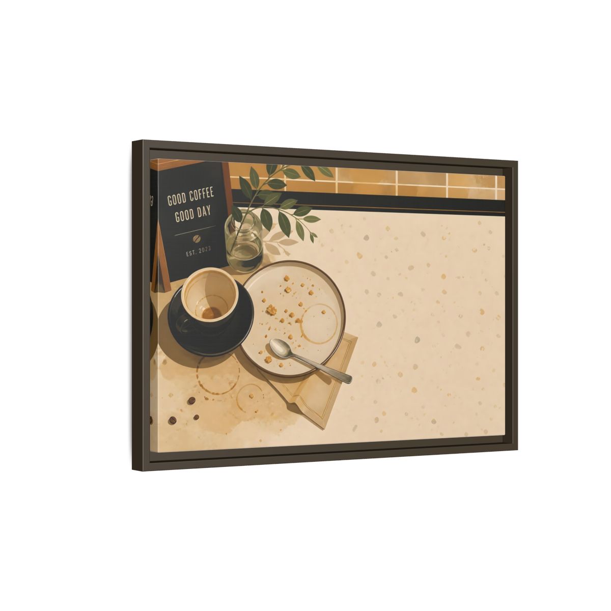 Side Mockup 2. Morning Coffee And Crumbs shown as framed canvas print