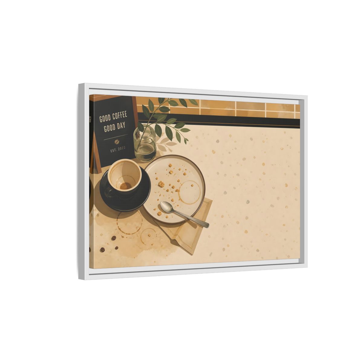 Side Mockup 1. Morning Coffee And Crumbs shown as framed canvas print