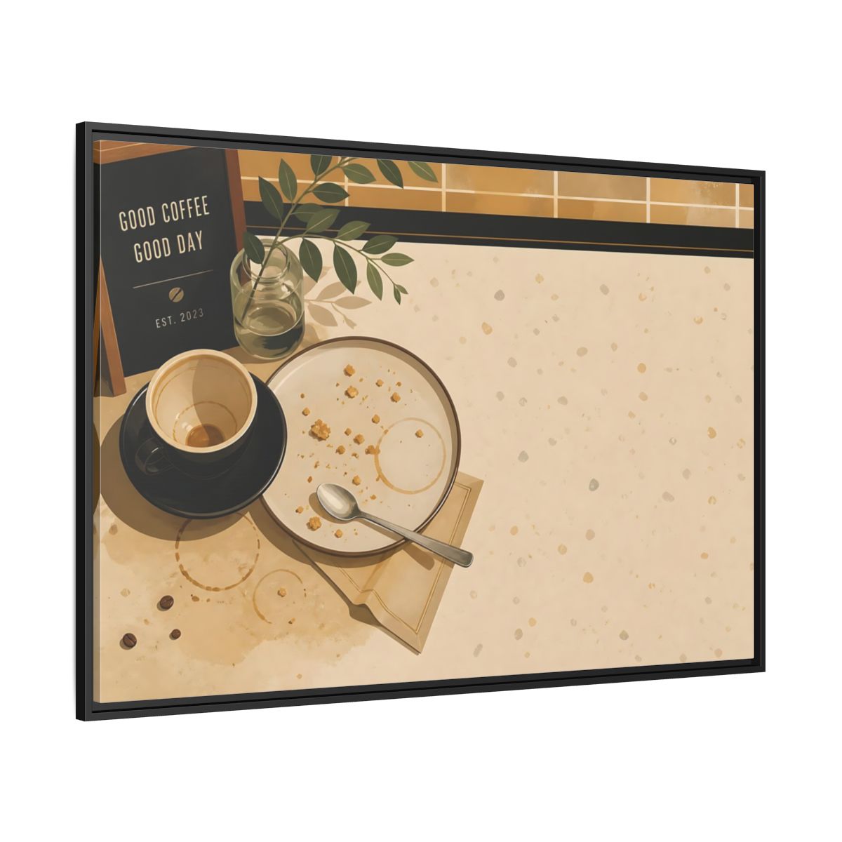 Side Mockup 12. Morning Coffee And Crumbs shown as framed canvas print