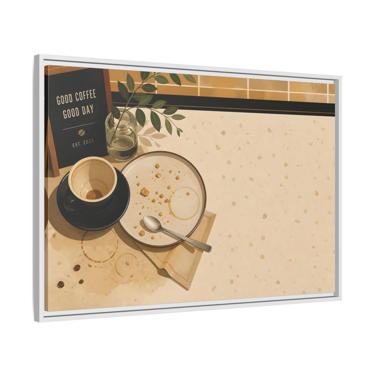 Side Mockup 9. Morning Coffee And Crumbs shown as framed canvas print
