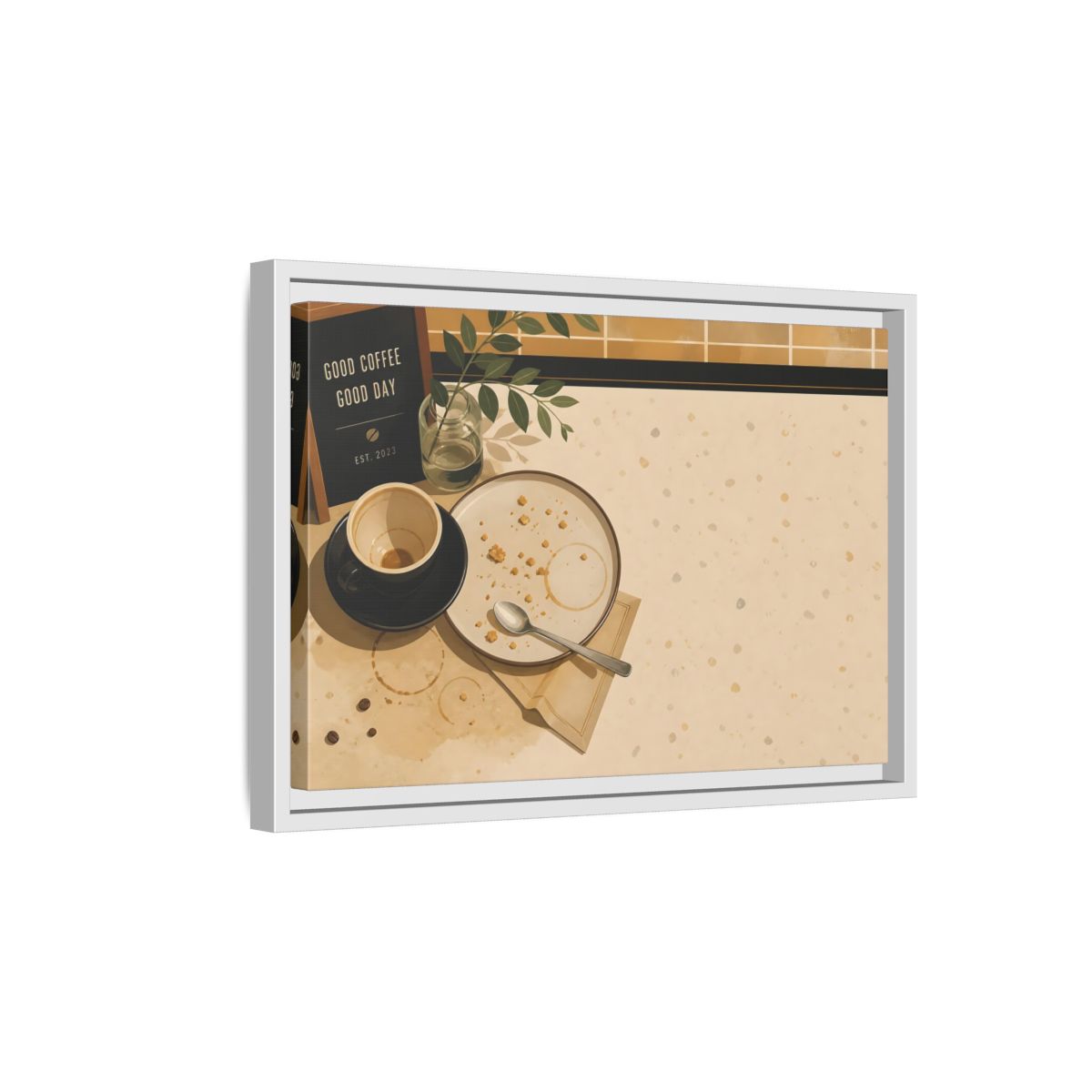 Side Mockup 4. Morning Coffee And Crumbs shown as framed canvas print