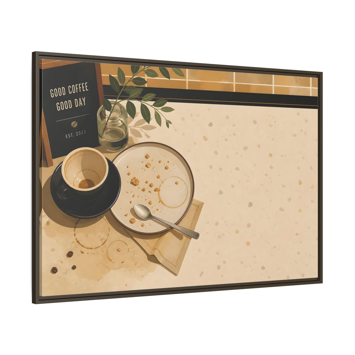 Side Mockup 8. Morning Coffee And Crumbs shown as framed canvas print