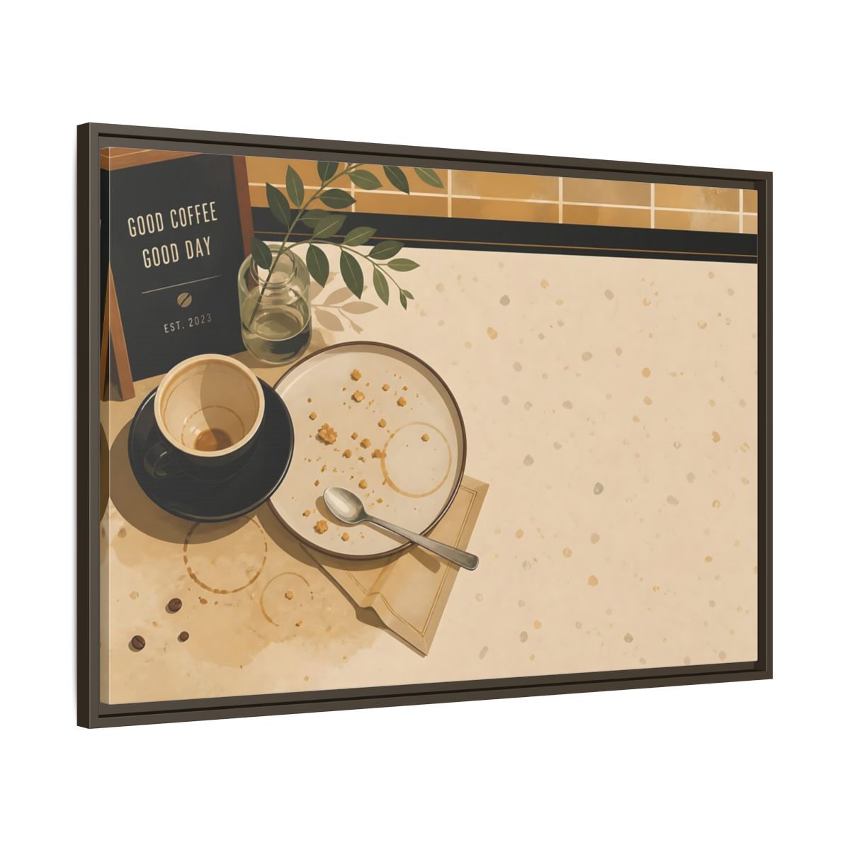 Main Mockup. Morning Coffee And Crumbs shown as framed canvas print