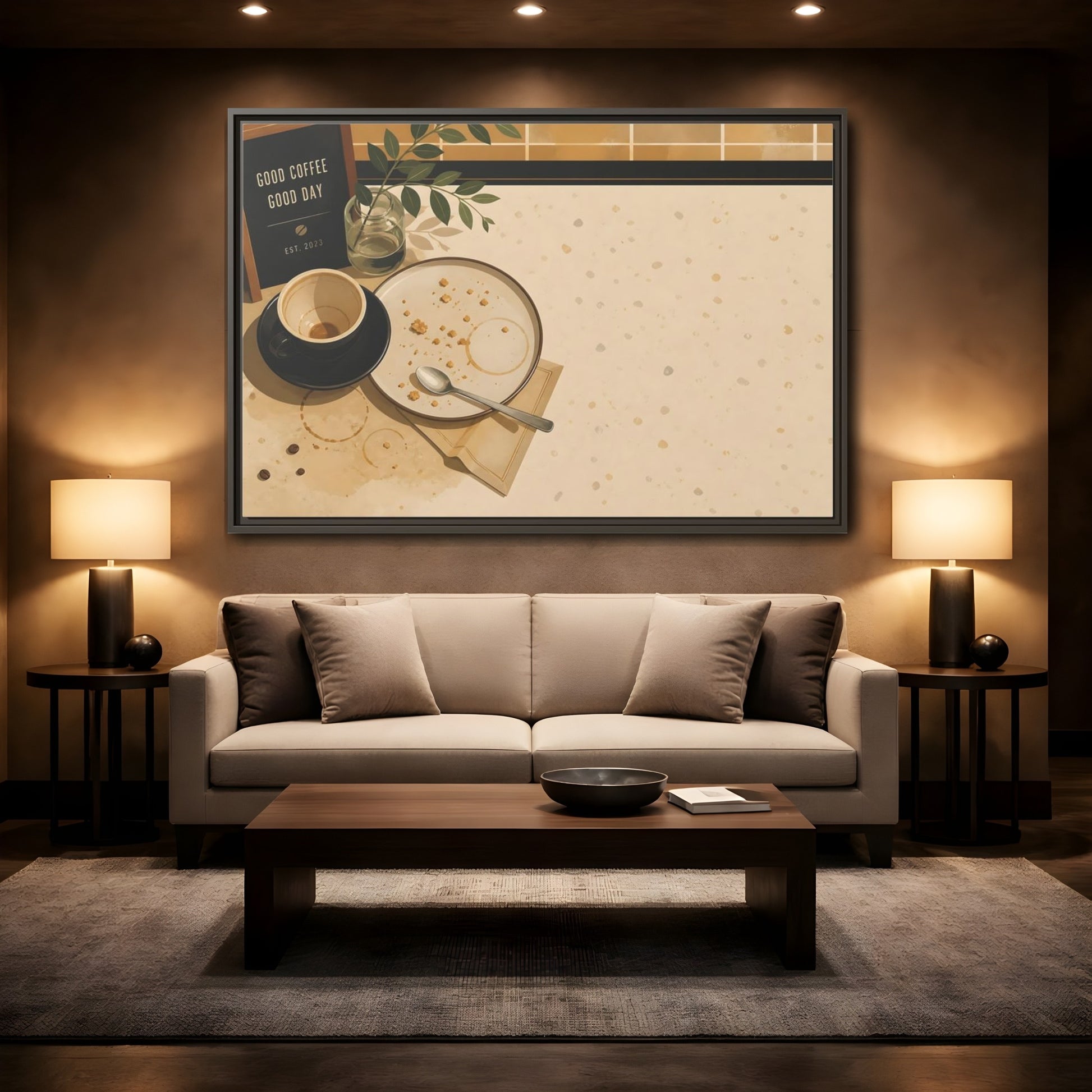 Mockup 2. Morning Coffee And Crumbs shown as framed canvas print