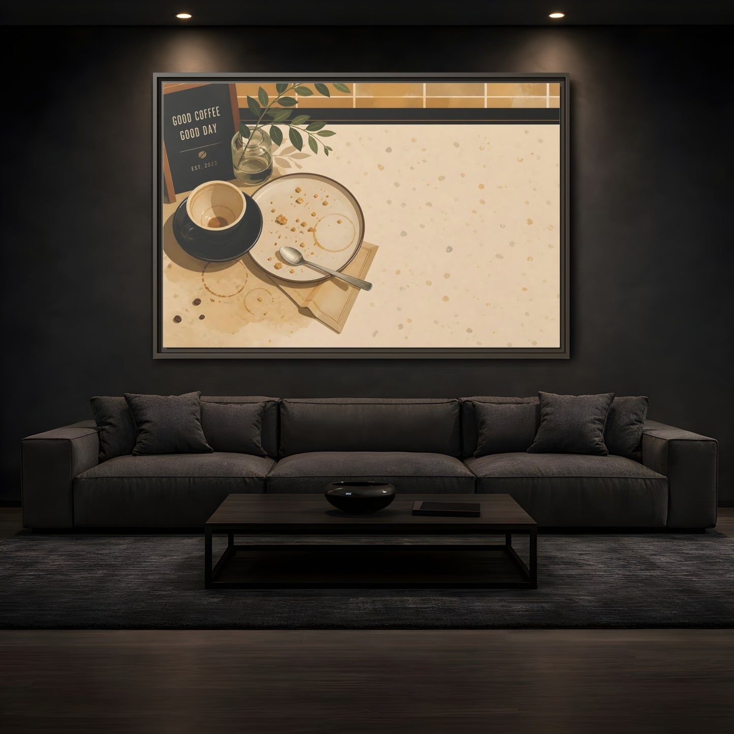 Mockup 3. Morning Coffee And Crumbs shown as framed canvas print