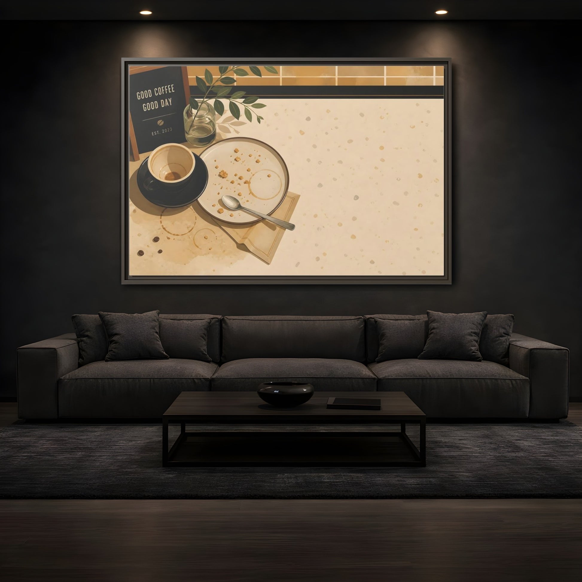Mockup 3. Morning Coffee And Crumbs shown as framed canvas print