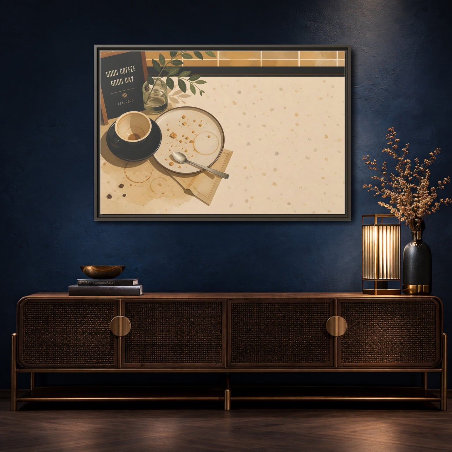 Mockup 4. Morning Coffee And Crumbs shown as framed canvas print