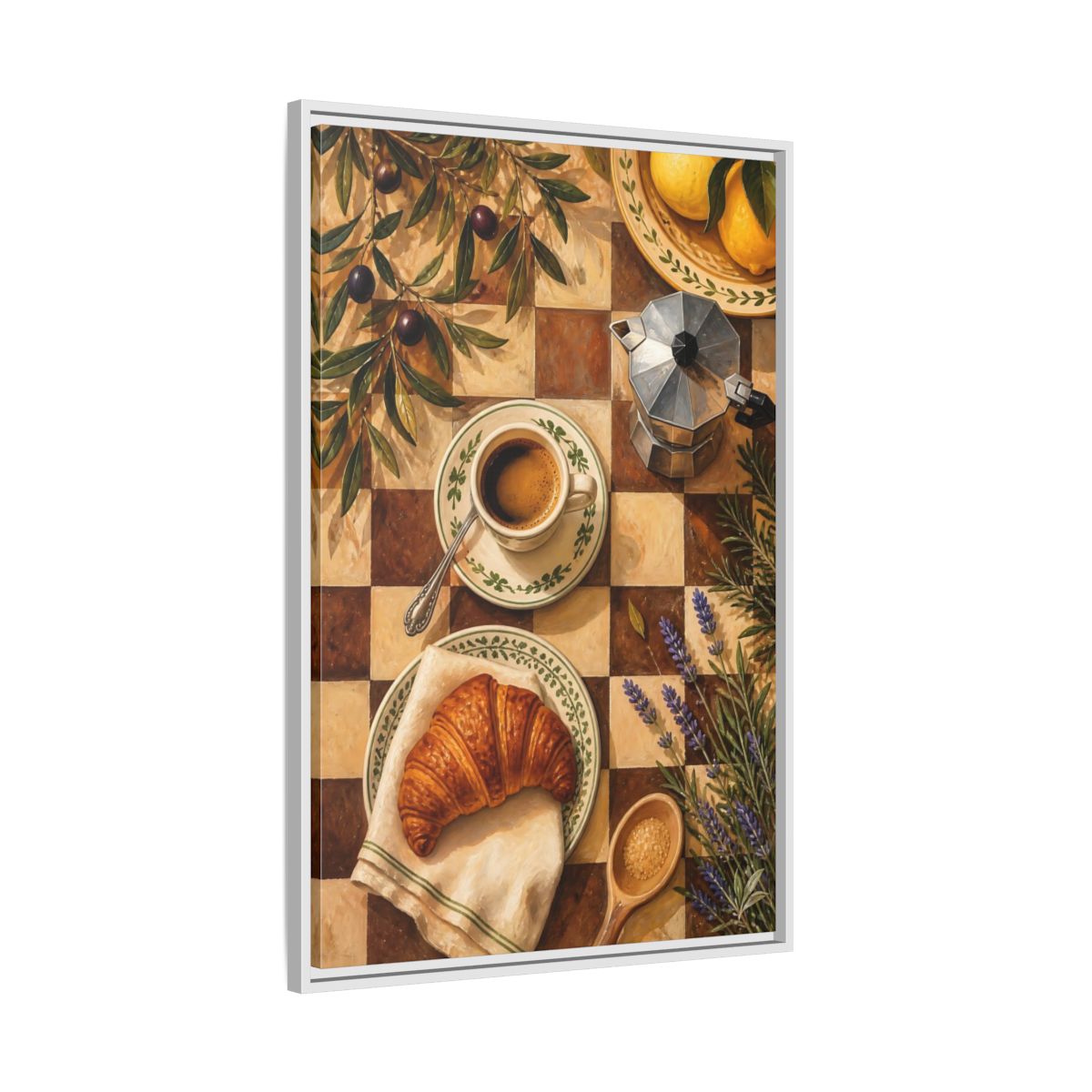 Side Mockup 9. Morning Coffee & Croissant shown as framed canvas print