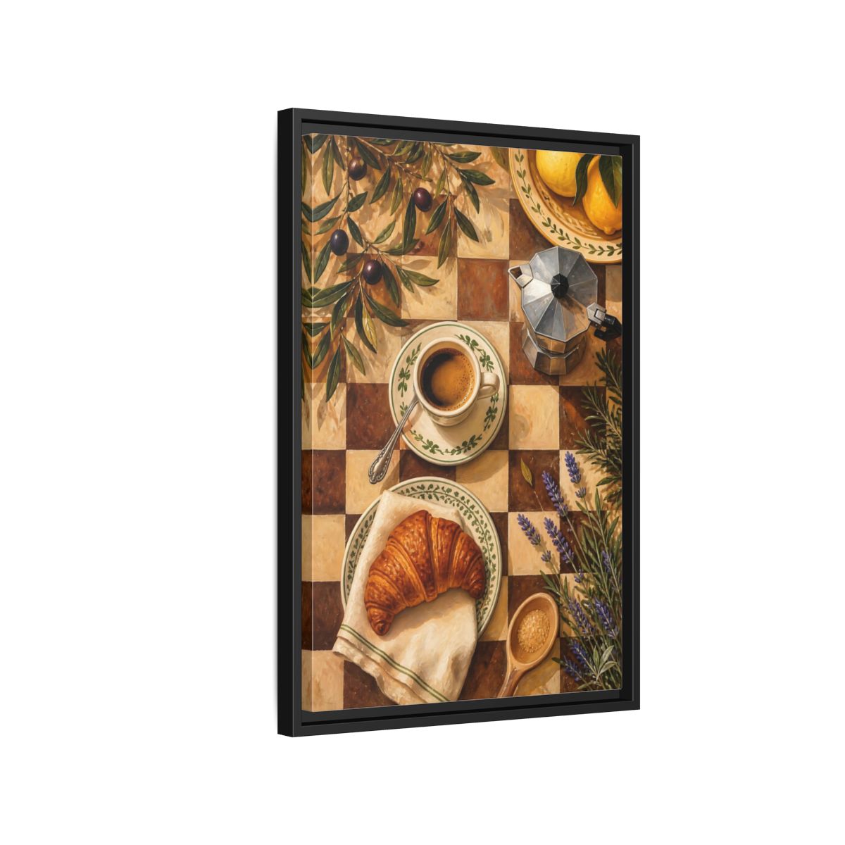 Side Mockup 3. Morning Coffee & Croissant shown as framed canvas print