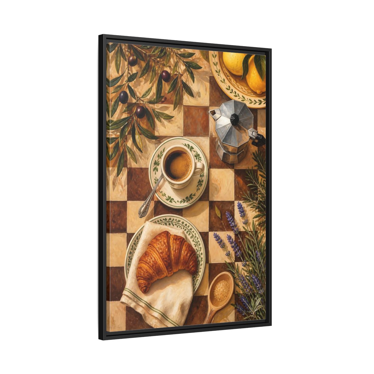 Side Mockup 13. Morning Coffee & Croissant shown as framed canvas print