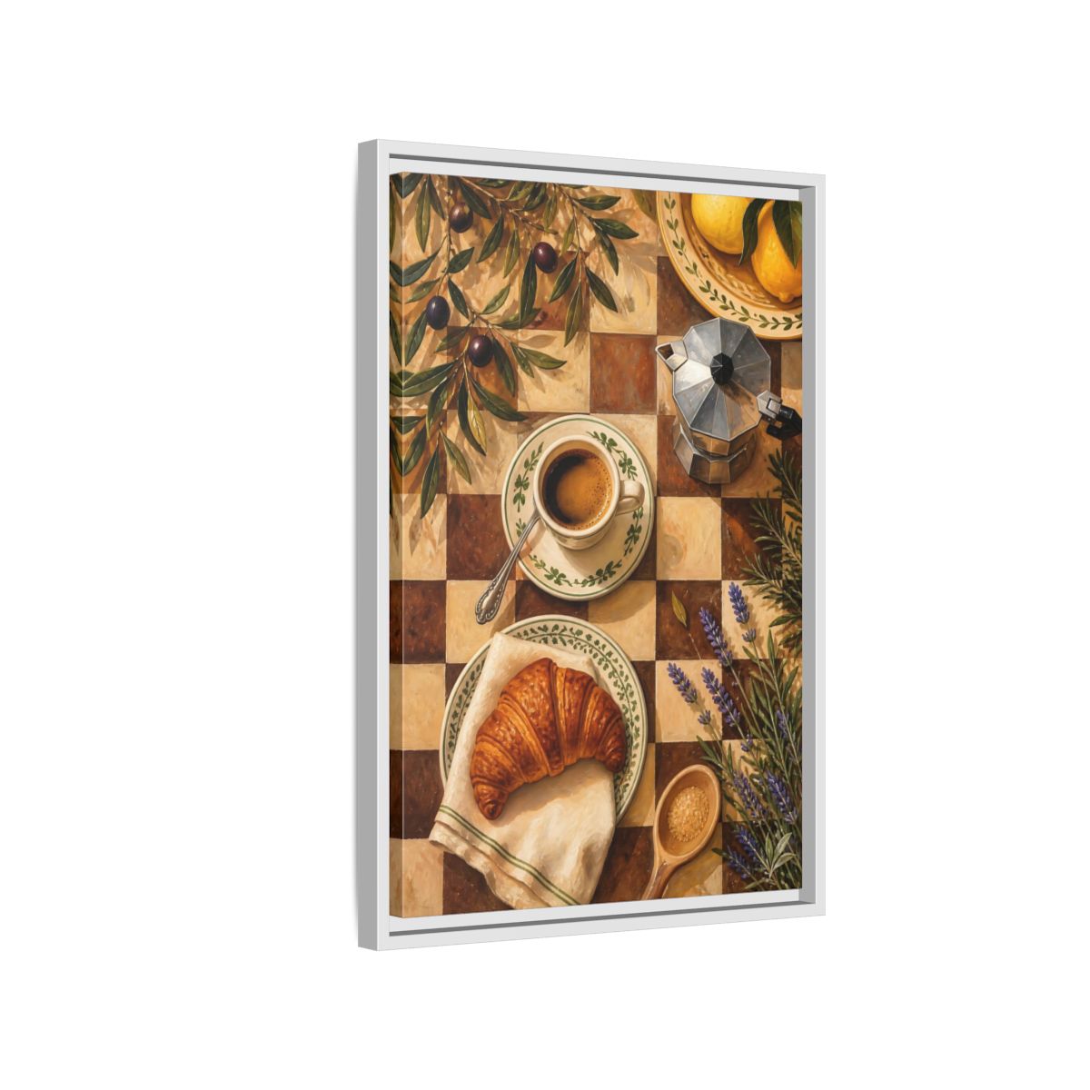 Side Mockup 1. Morning Coffee & Croissant shown as framed canvas print