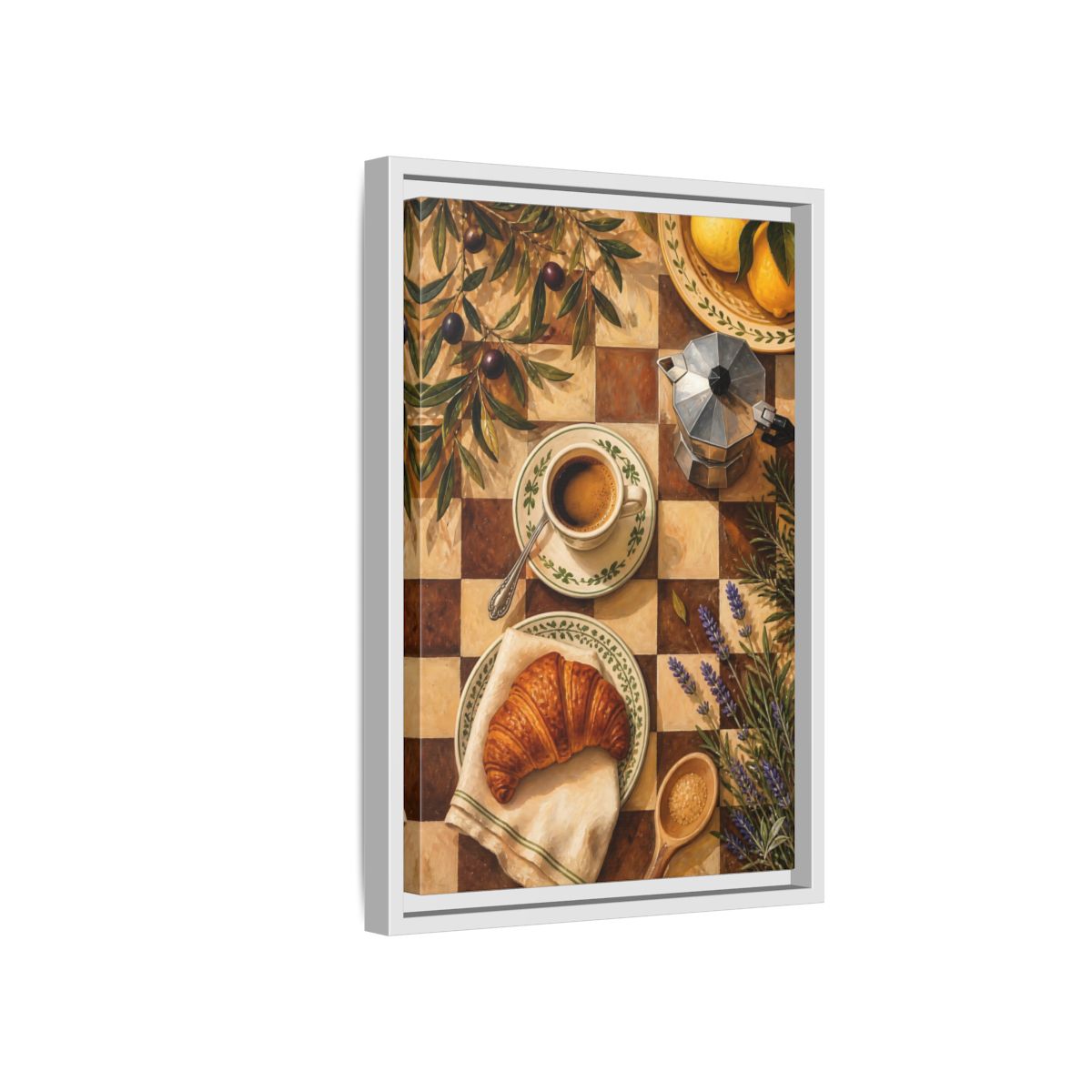 Side Mockup 4. Morning Coffee & Croissant shown as framed canvas print