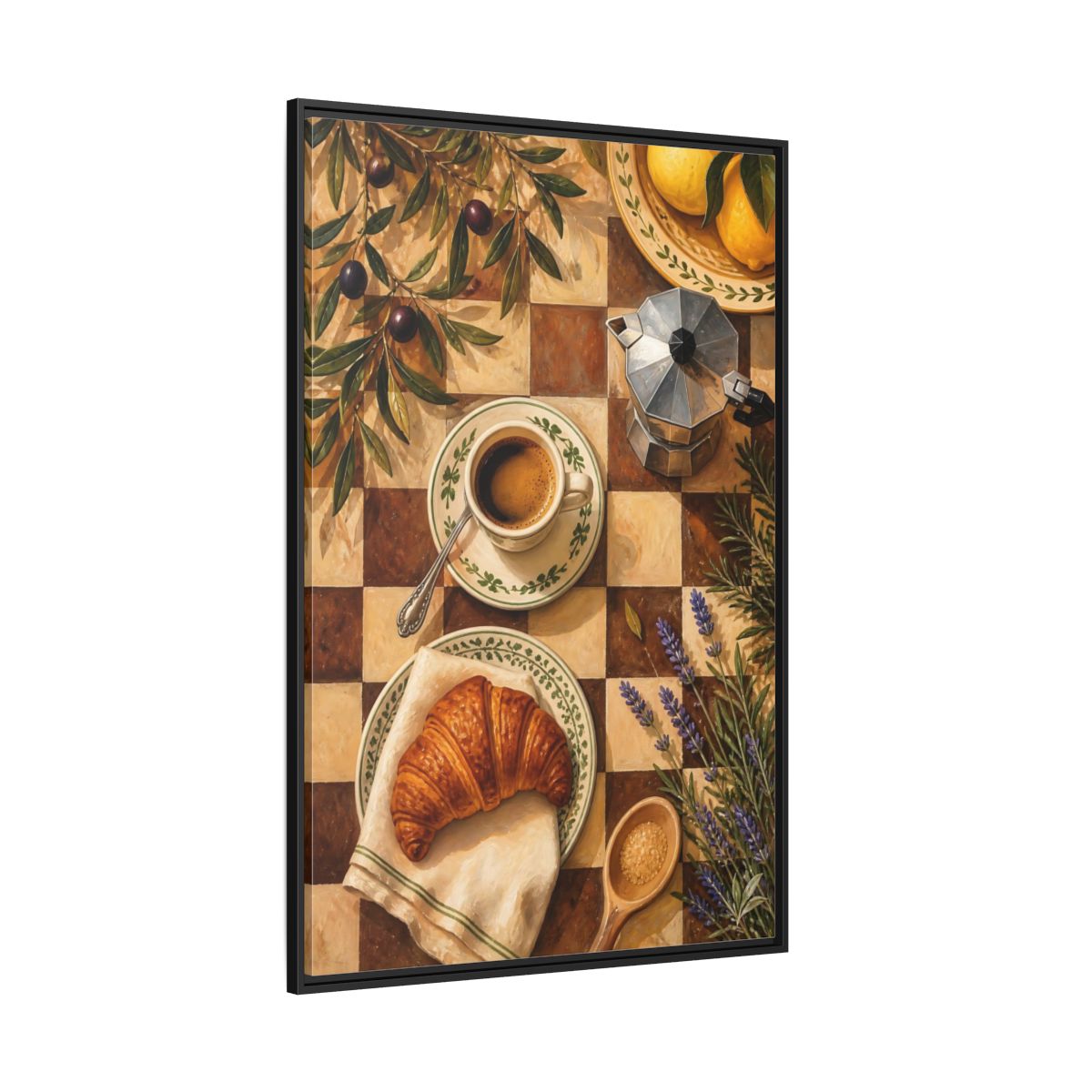 Side Mockup 12. Morning Coffee & Croissant shown as framed canvas print