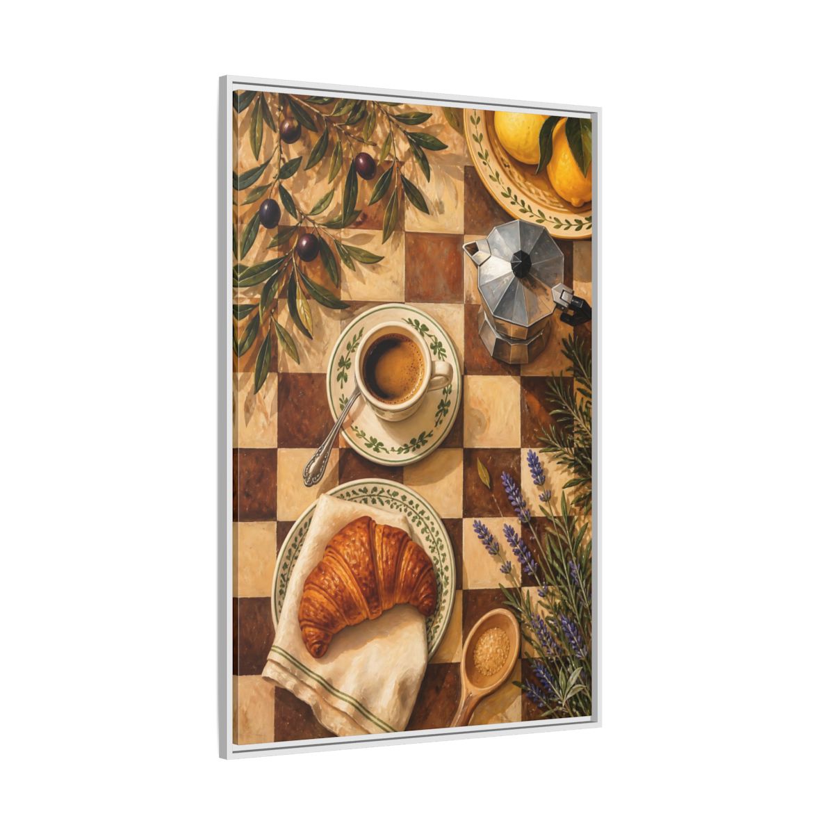 Side Mockup 7. Morning Coffee & Croissant shown as framed canvas print