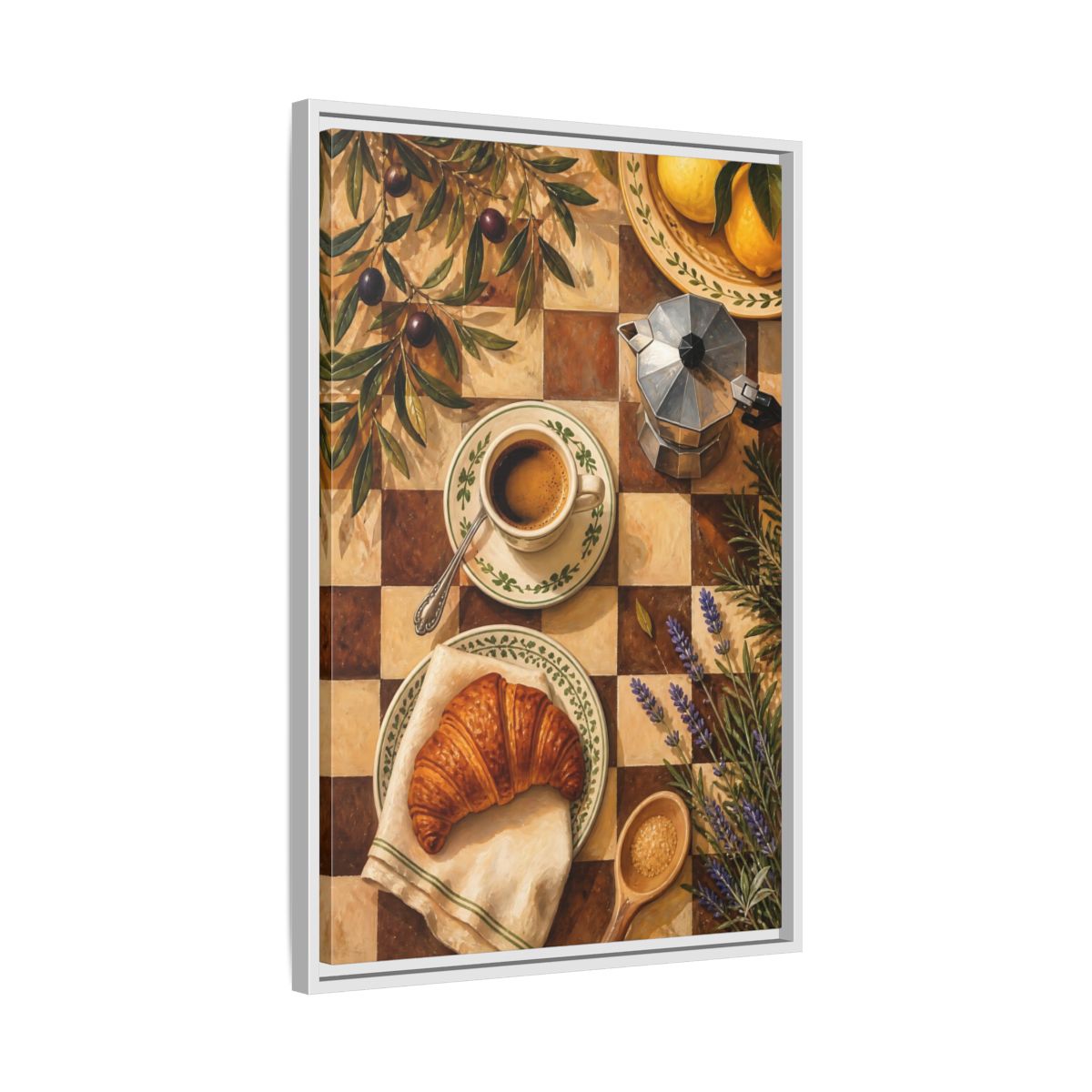 Side Mockup 10. Morning Coffee & Croissant shown as framed canvas print