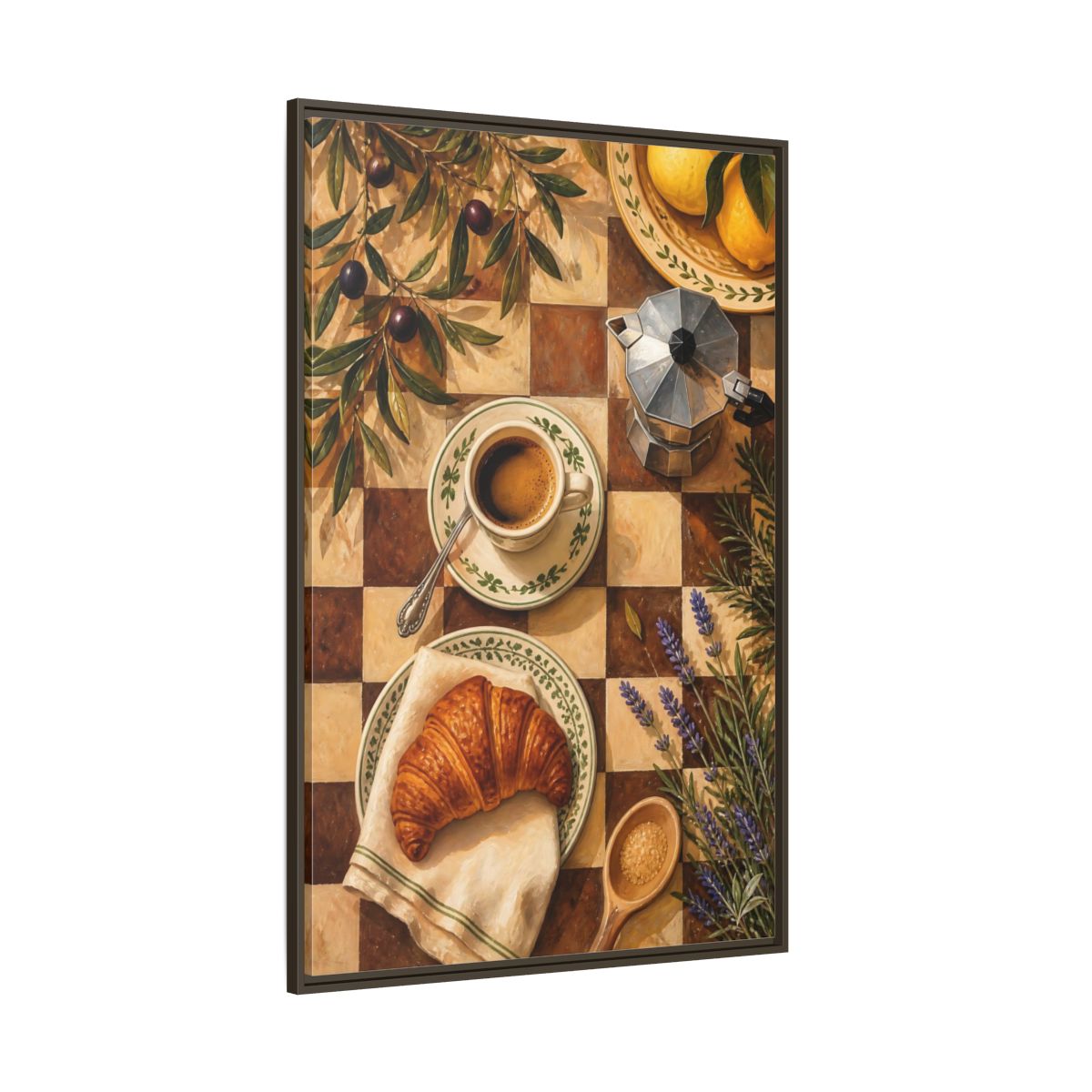 Side Mockup 8. Morning Coffee & Croissant shown as framed canvas print