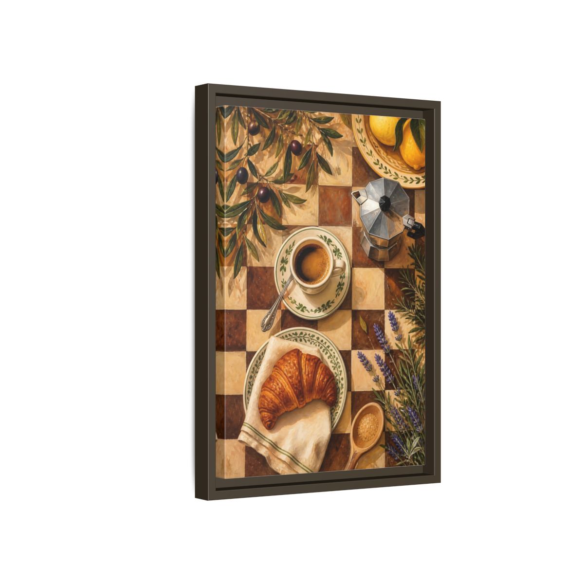 Side Mockup 5. Morning Coffee & Croissant shown as framed canvas print