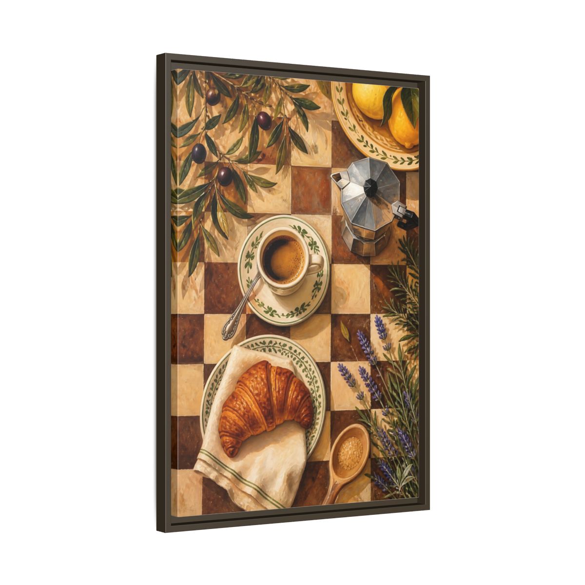 Side Mockup 11. Morning Coffee & Croissant shown as framed canvas print