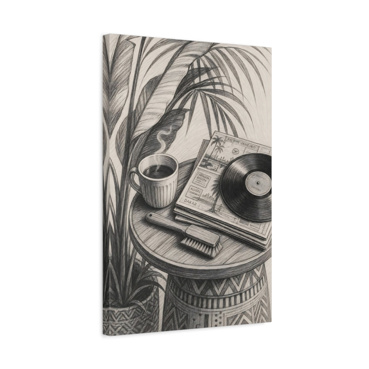 Side Mockup 3. Morning Coffee & Vinyl shown as canvas print