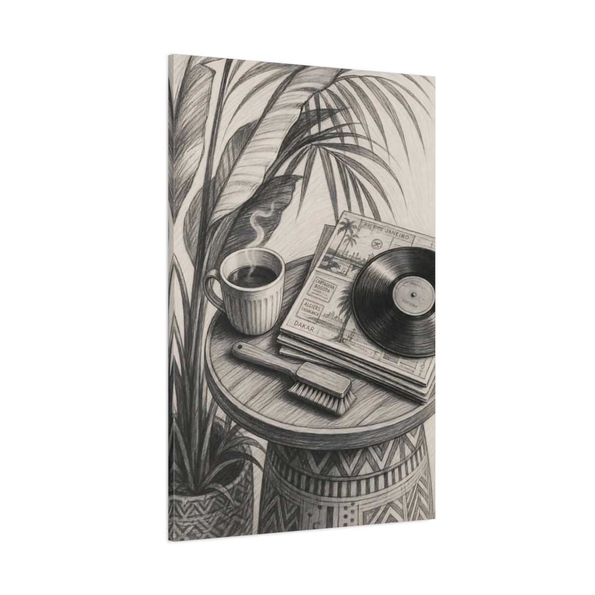 Side Mockup 1. Morning Coffee & Vinyl shown as canvas print