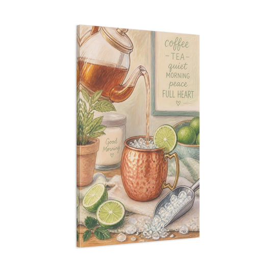Main Mockup. Morning Copper Mug With Lime shown as canvas print