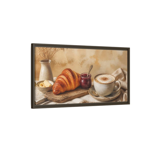 Main Mockup. Morning Croissant & Cappuccino shown as framed canvas print