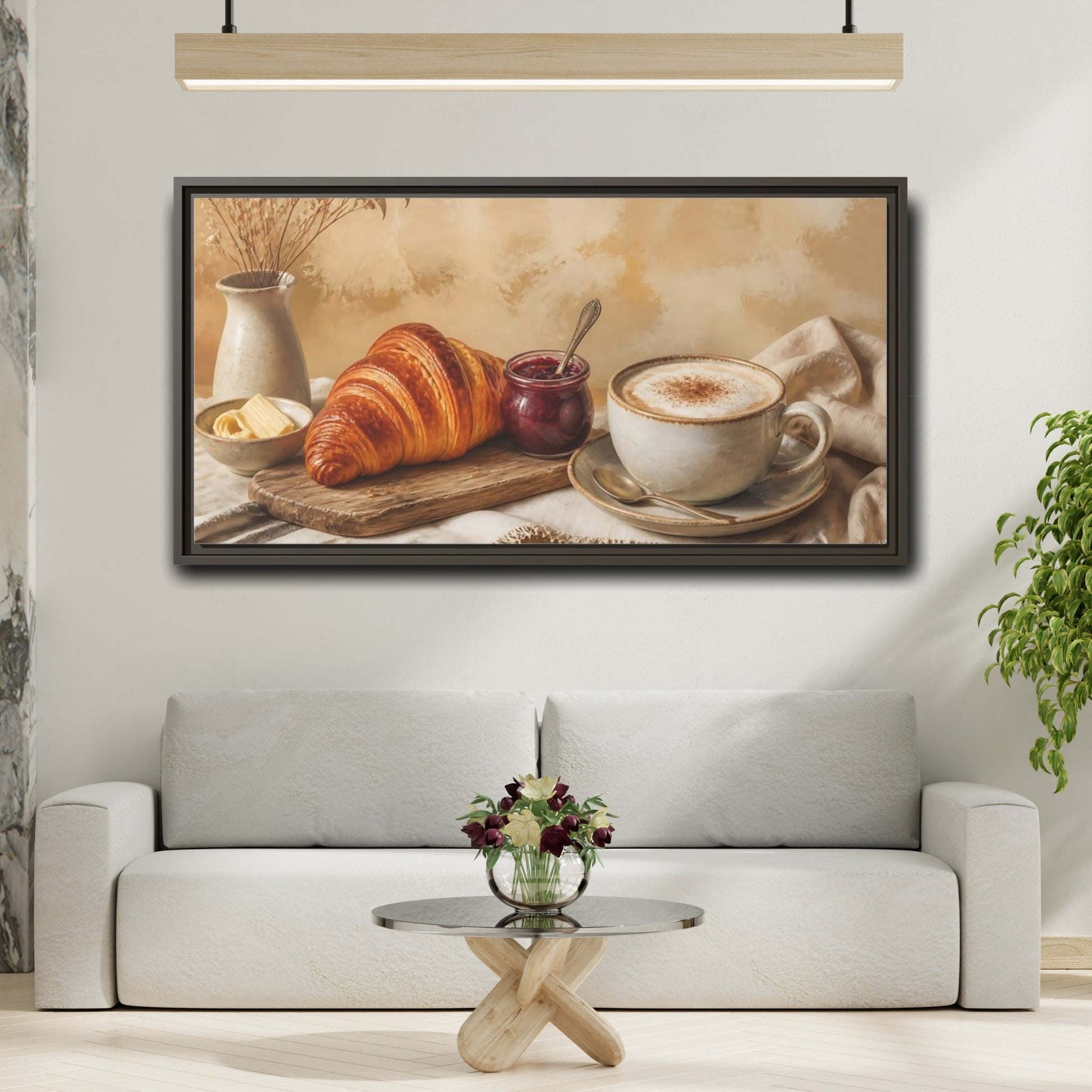 Mockup 2. Morning Croissant & Cappuccino shown as framed canvas print