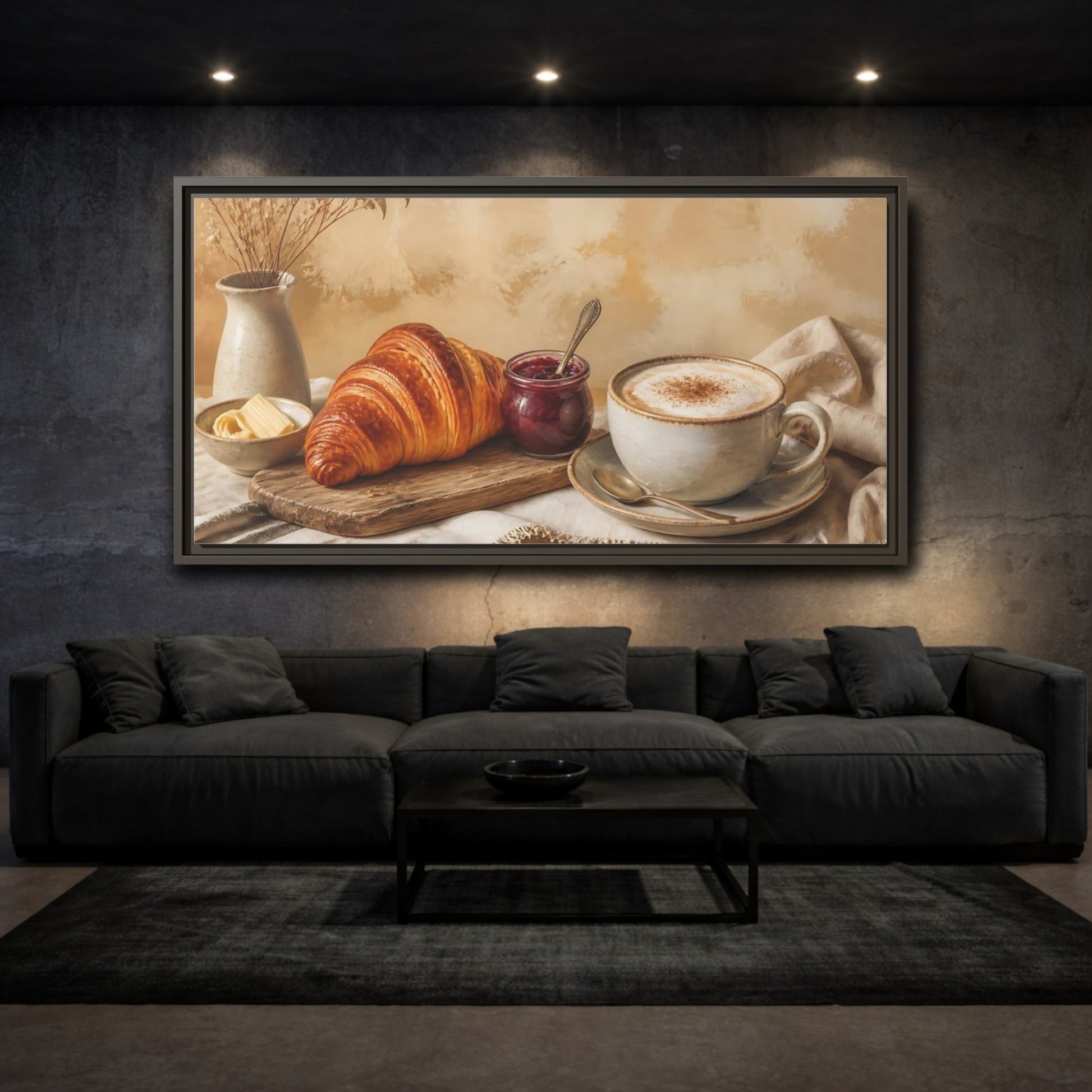 Mockup 3. Morning Croissant & Cappuccino shown as framed canvas print
