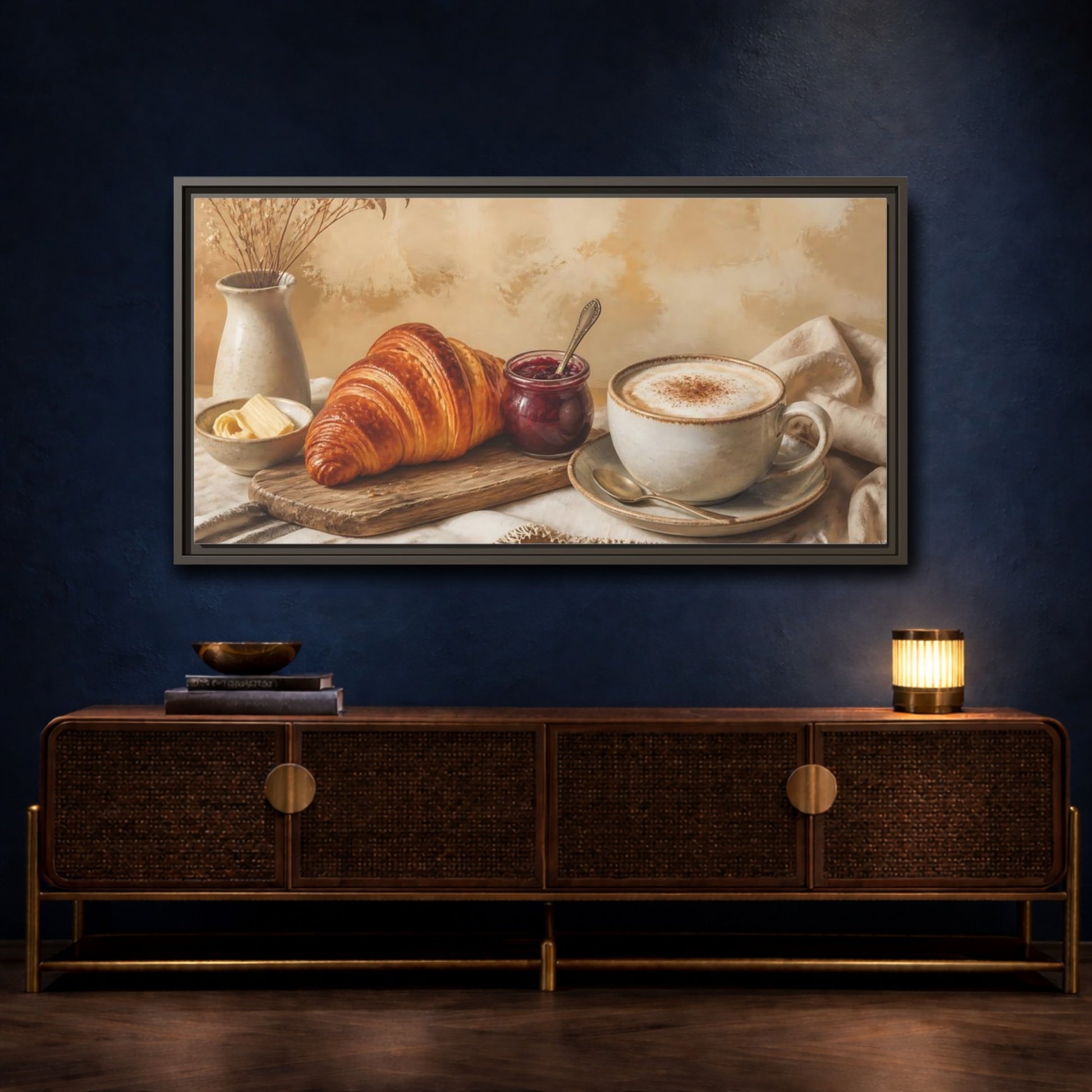 Mockup 4. Morning Croissant & Cappuccino shown as framed canvas print