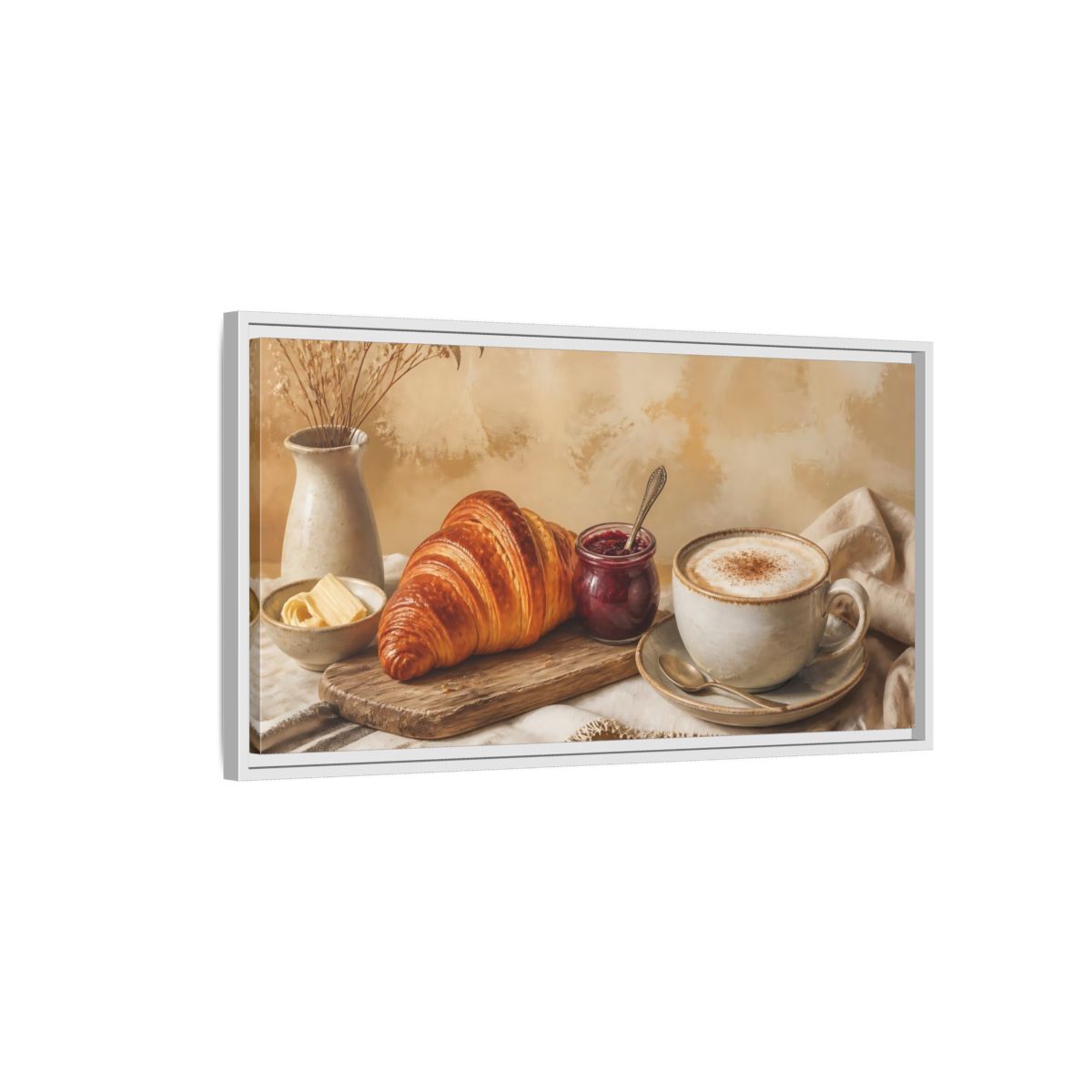 Side Mockup 1. Morning Croissant & Cappuccino shown as framed canvas print
