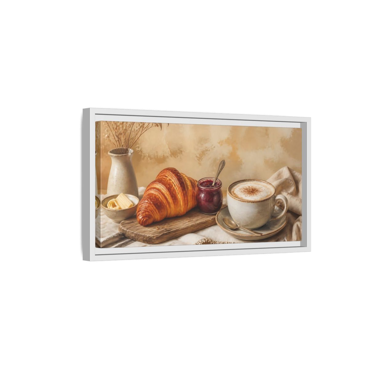 Side Mockup 6. Morning Croissant & Cappuccino shown as framed canvas print