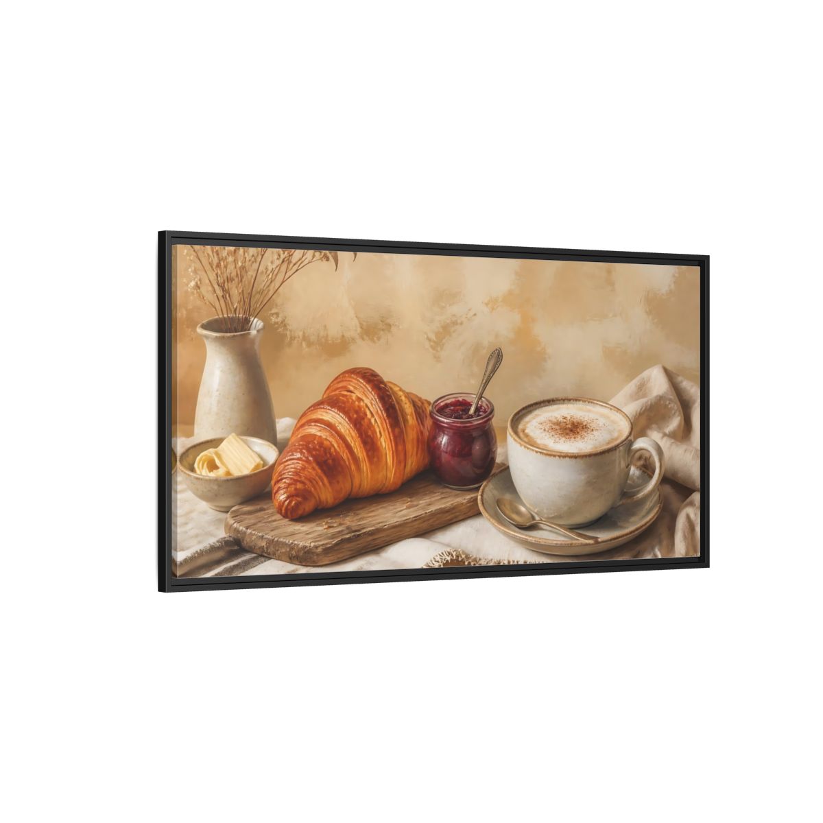 Side Mockup 5. Morning Croissant & Cappuccino shown as framed canvas print