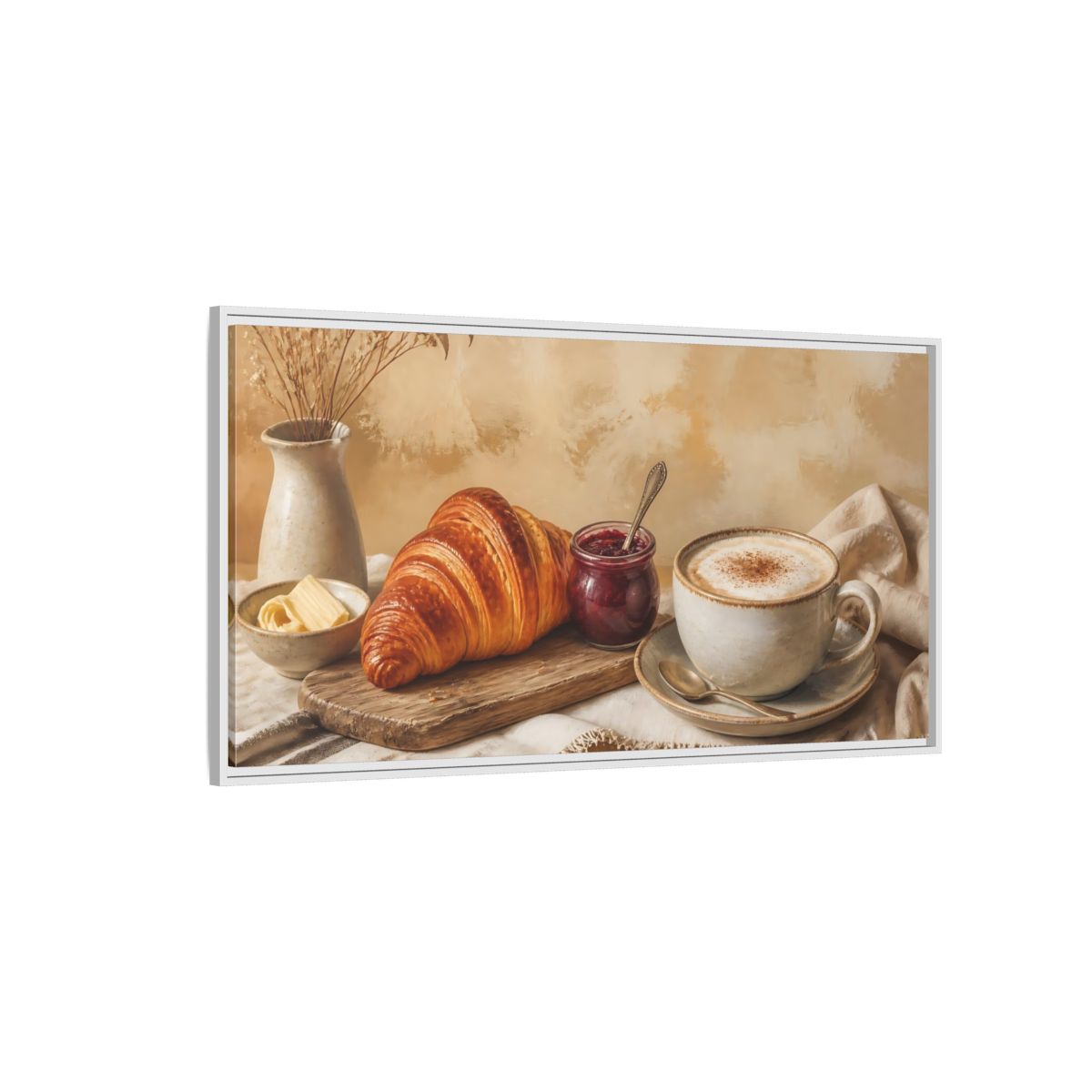 Side Mockup 3. Morning Croissant & Cappuccino shown as framed canvas print