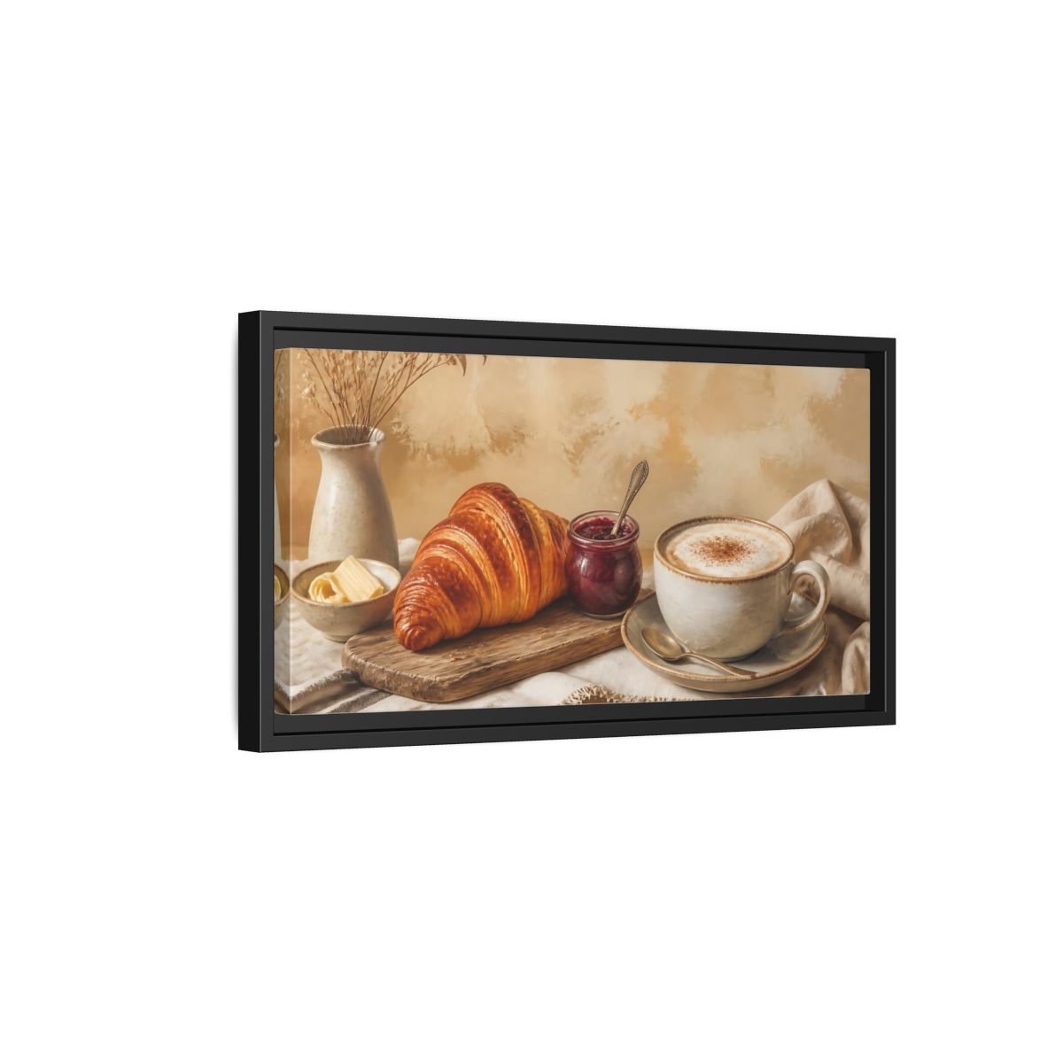 Side Mockup 8. Morning Croissant & Cappuccino shown as framed canvas print