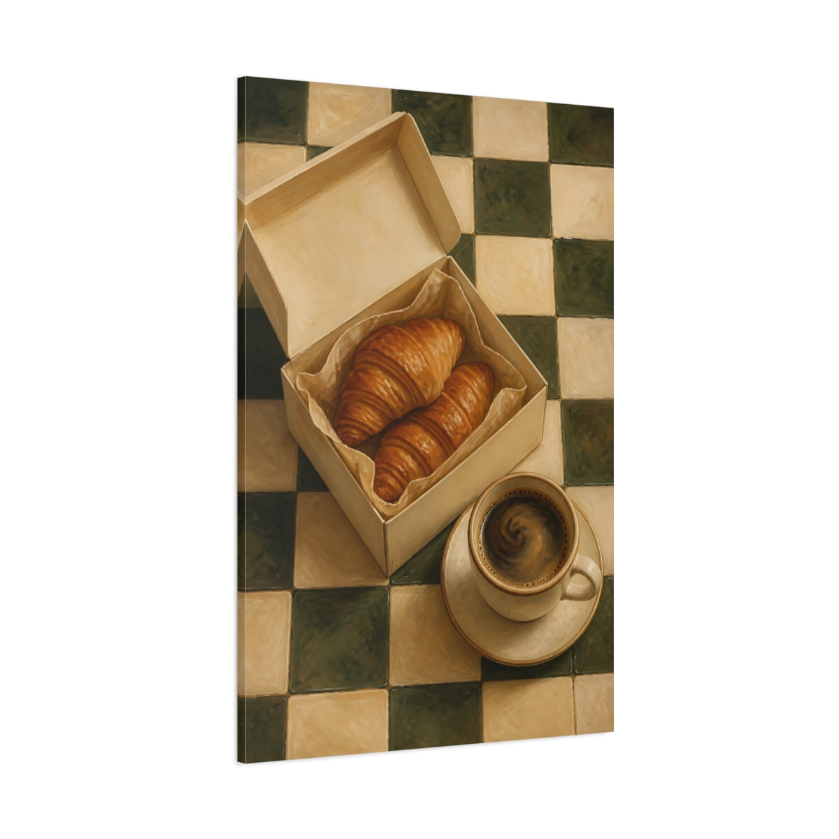 Side Mockup 1. Morning Croissants And Coffee shown as canvas print