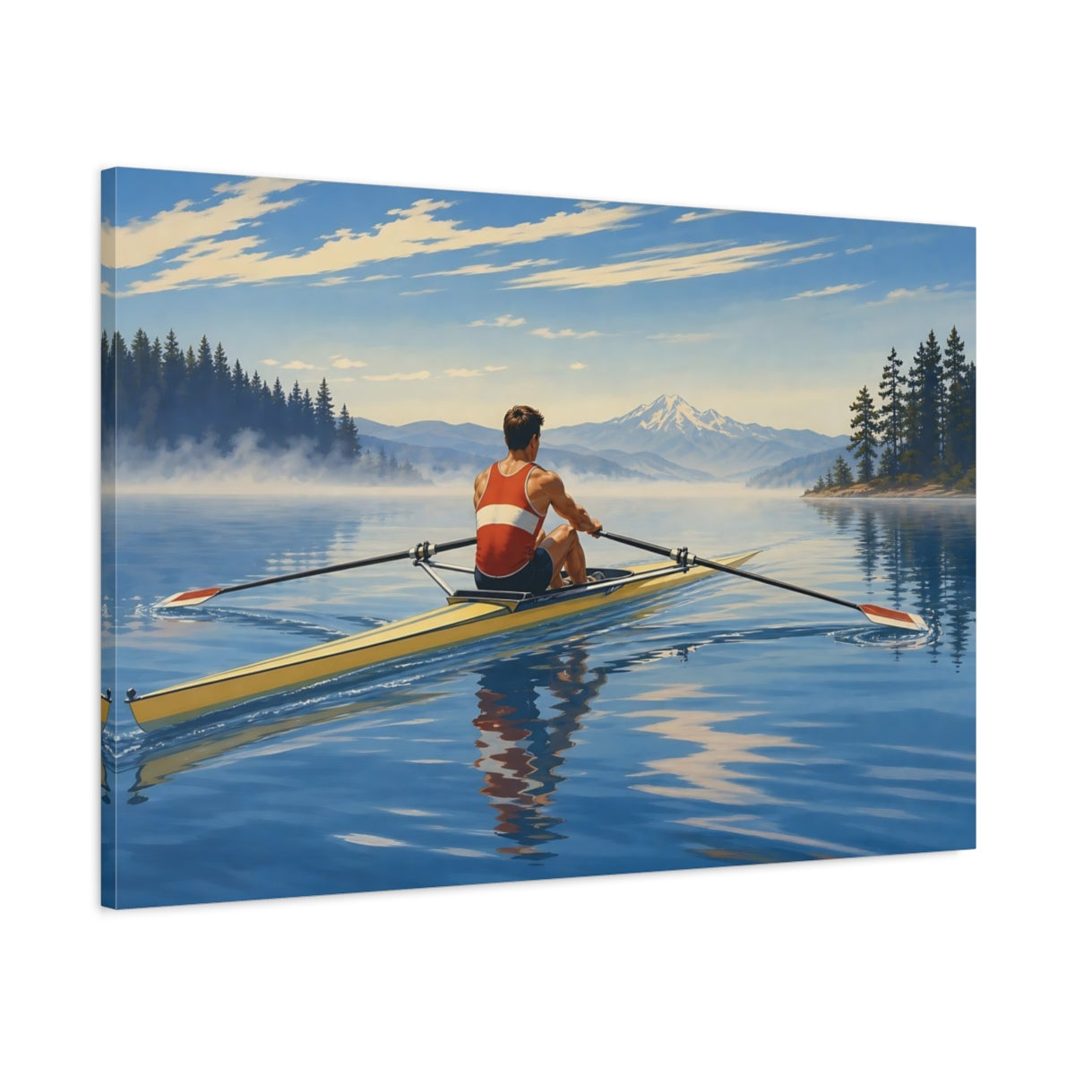 Main Mockup. Morning Lake Rowing shown as canvas print