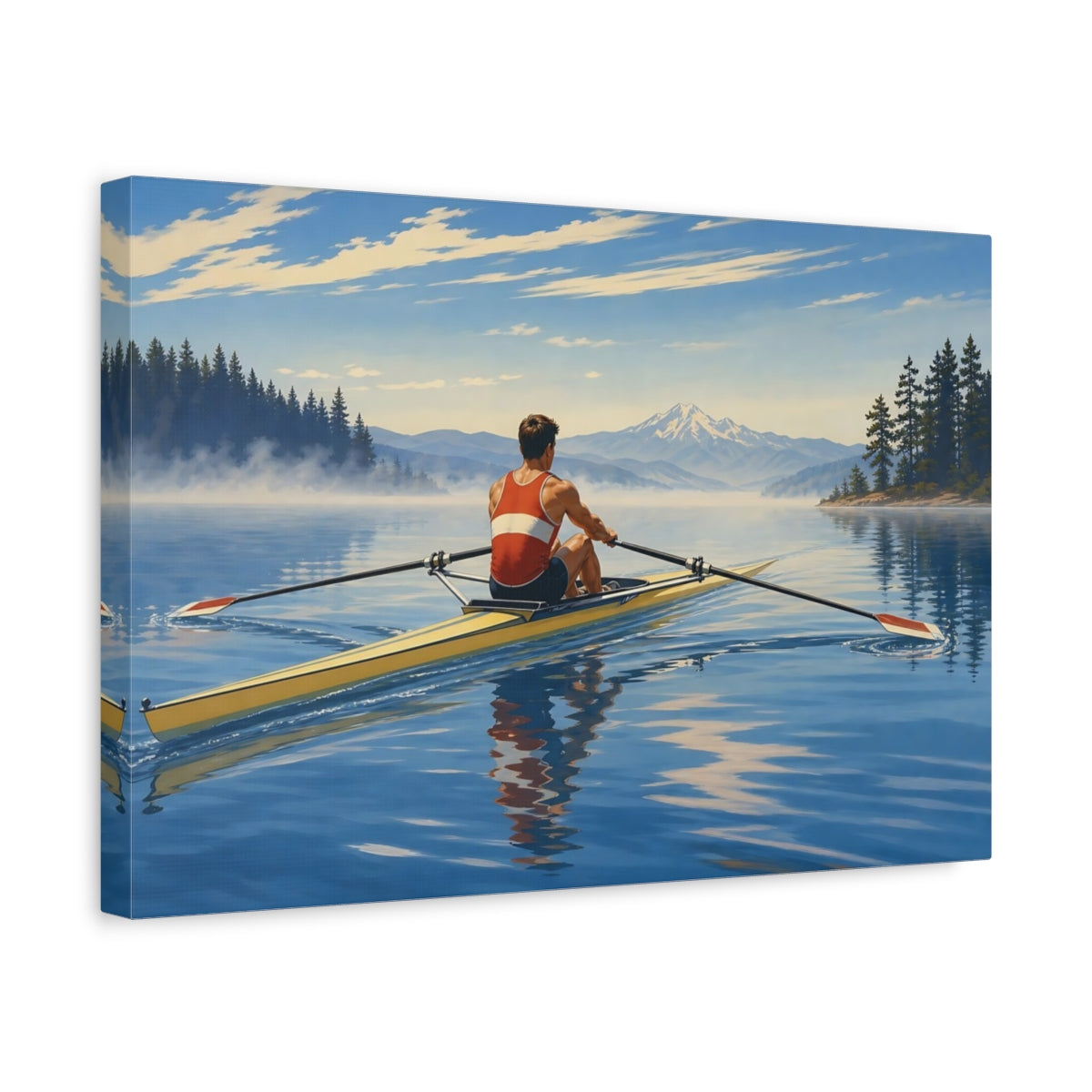 Side Mockup 4. Morning Lake Rowing shown as canvas print