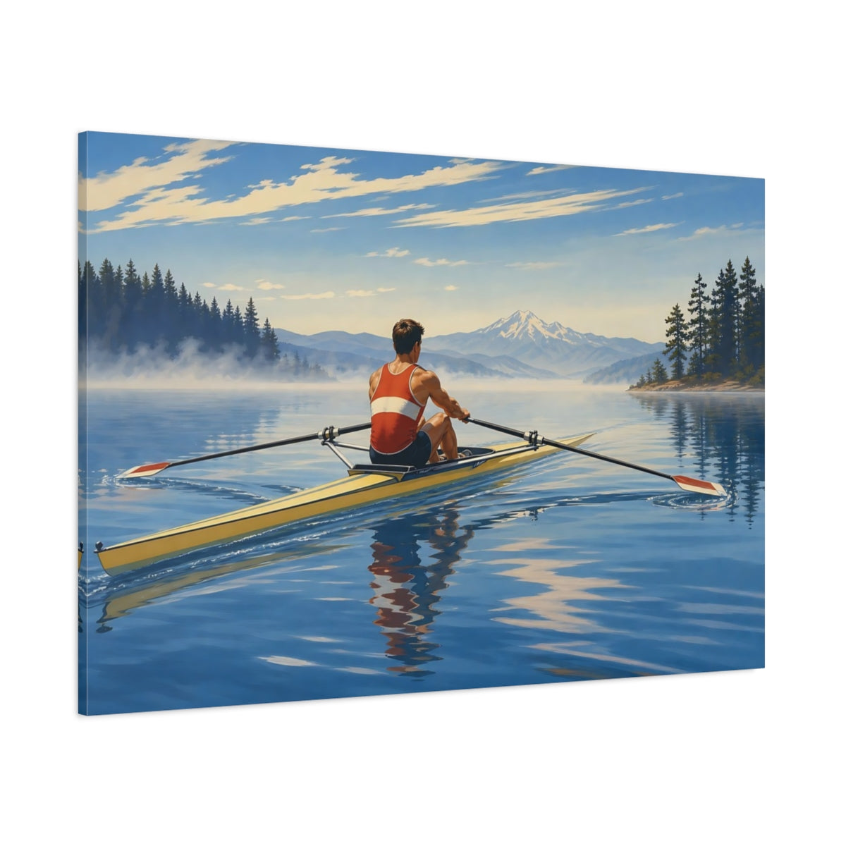 Side Mockup 1. Morning Lake Rowing shown as canvas print
