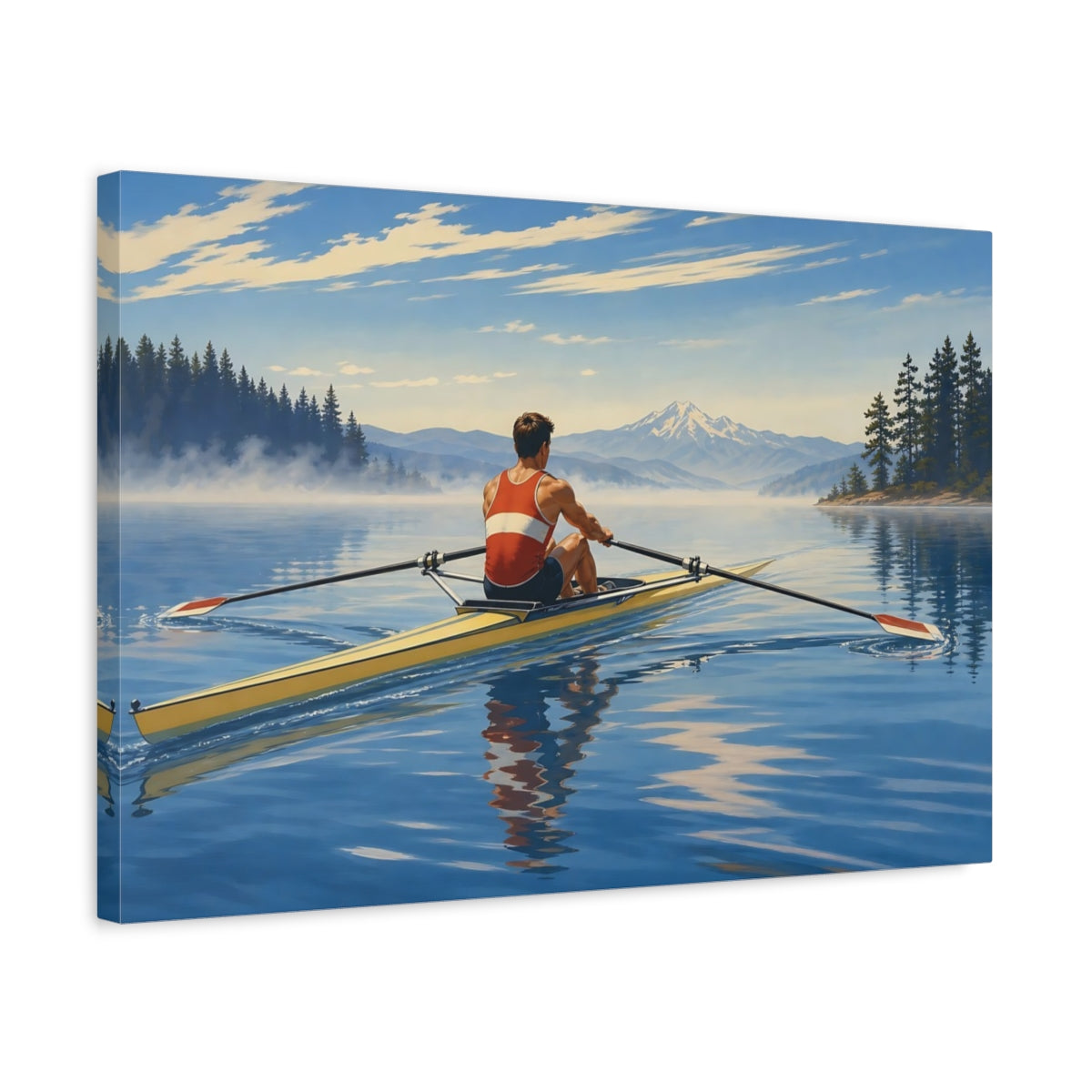 Side Mockup 3. Morning Lake Rowing shown as canvas print