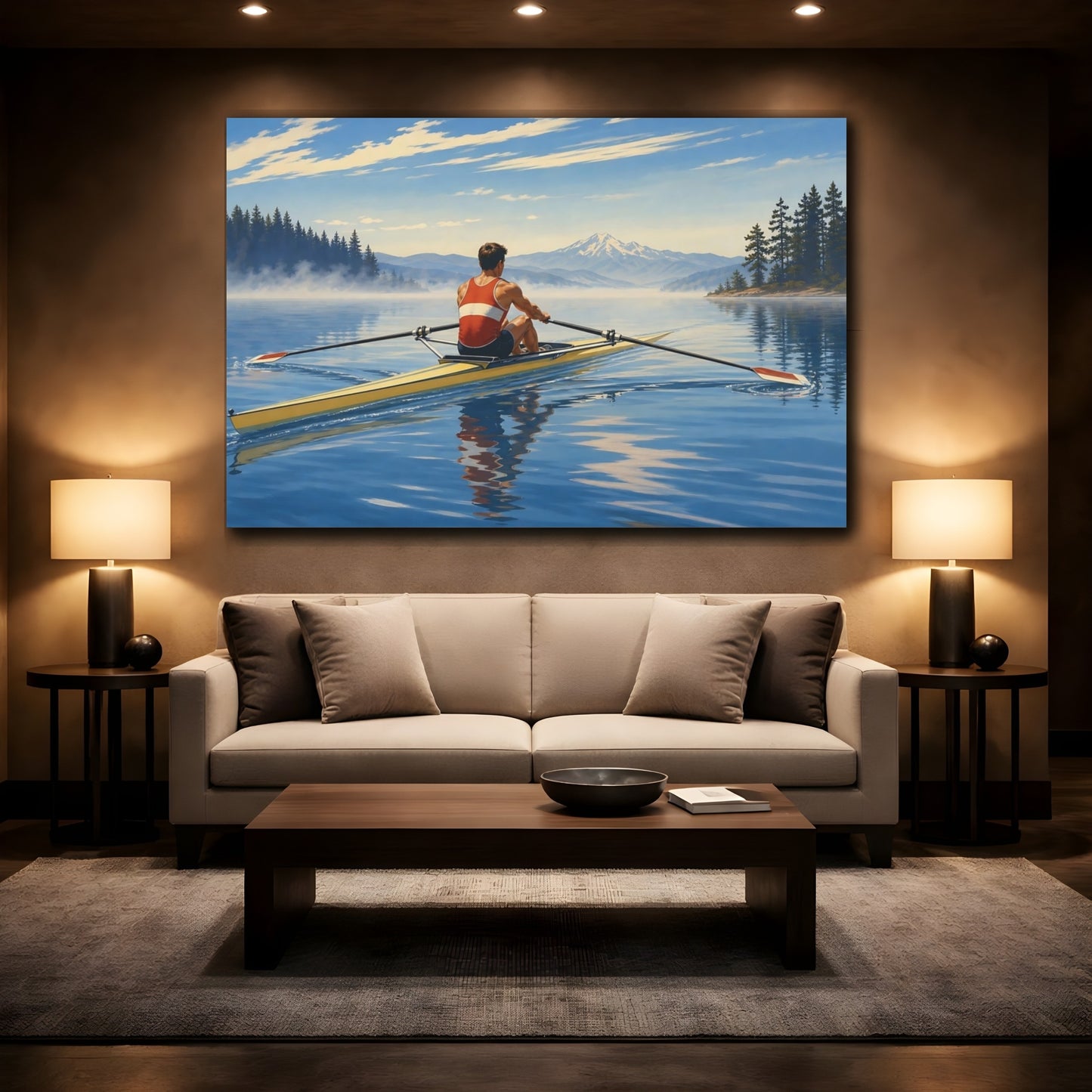 Mockup 2. Morning Lake Rowing shown as canvas print