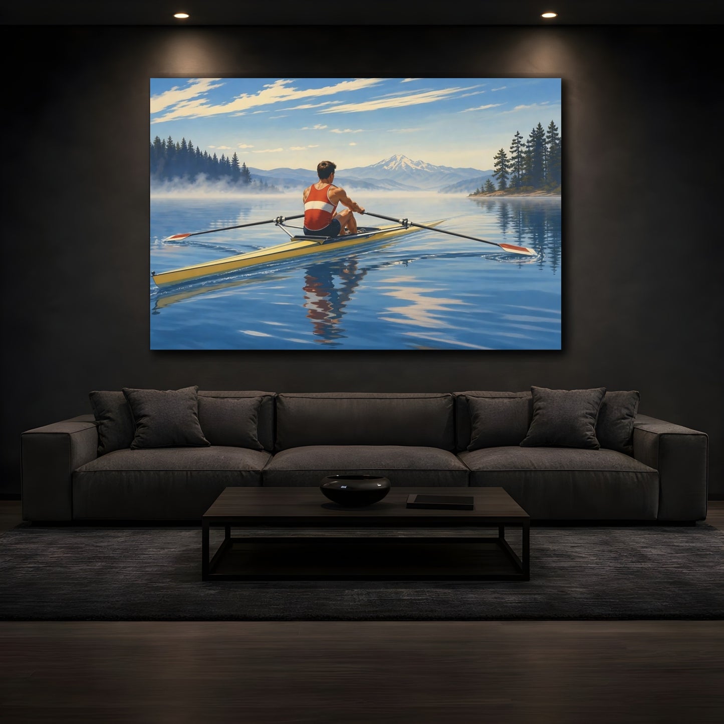 Mockup 3. Morning Lake Rowing shown as canvas print