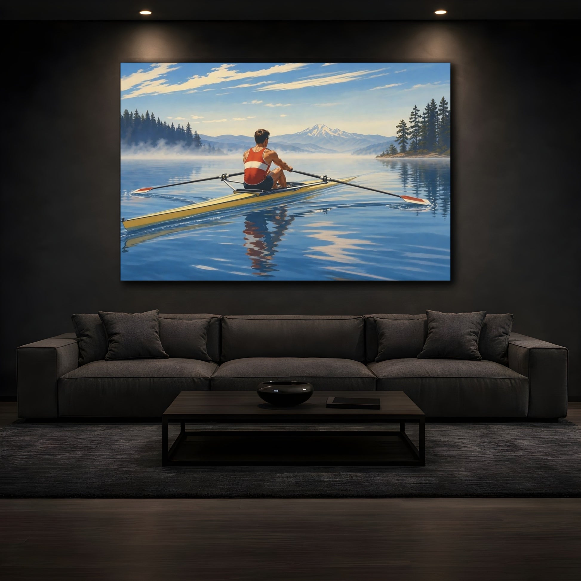 Mockup 3. Morning Lake Rowing shown as canvas print