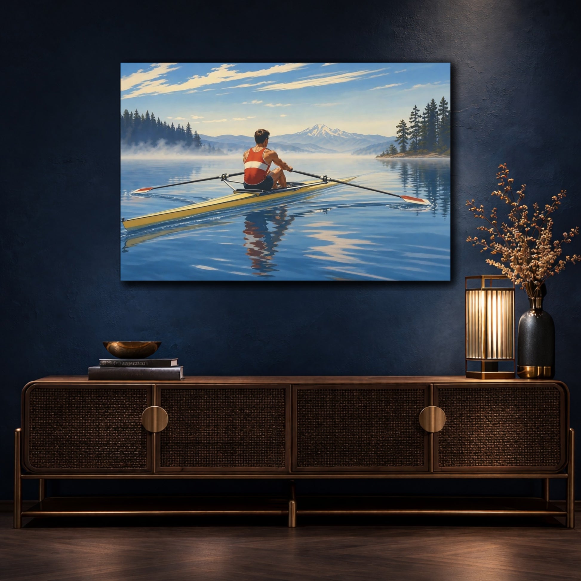 Mockup 4. Morning Lake Rowing shown as canvas print