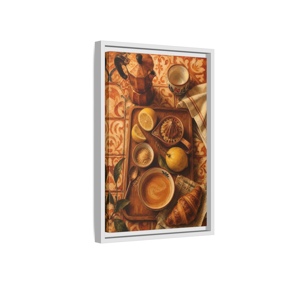 Side Mockup 4. Morning Lemon Coffee Tray shown as framed canvas print
