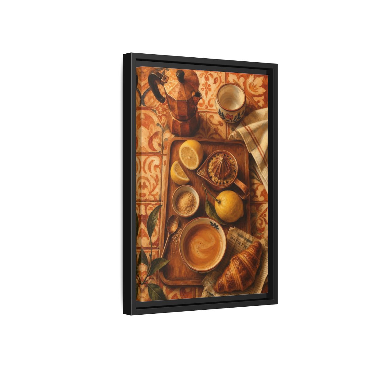 Side Mockup 6. Morning Lemon Coffee Tray shown as framed canvas print