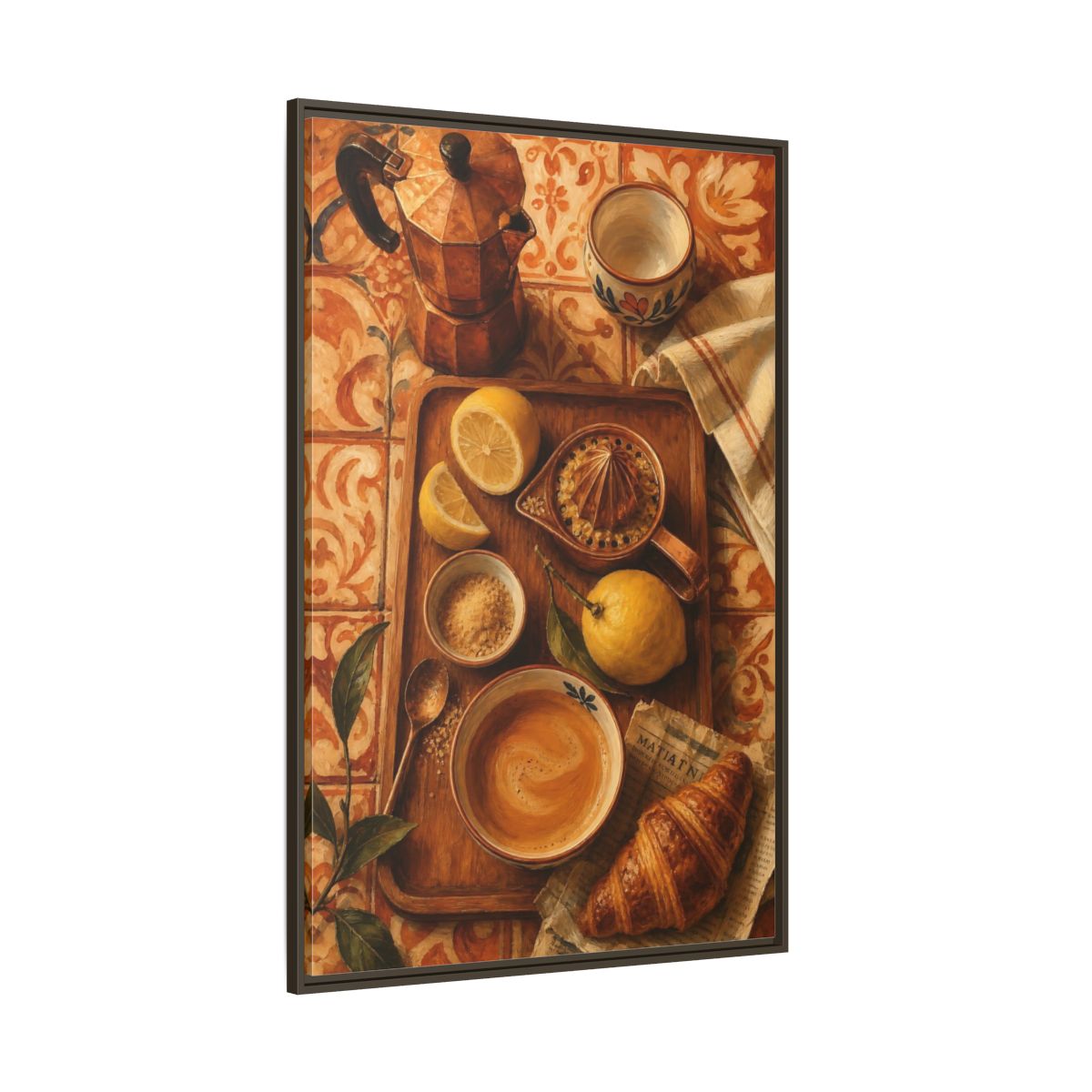 Side Mockup 8. Morning Lemon Coffee Tray shown as framed canvas print