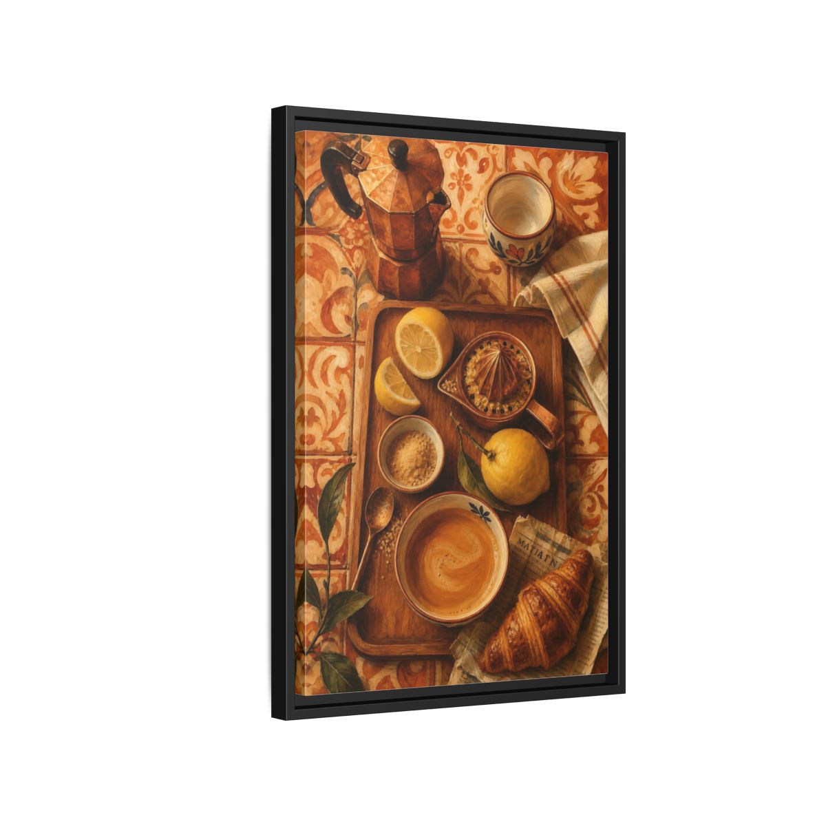 Side Mockup 3. Morning Lemon Coffee Tray shown as framed canvas print