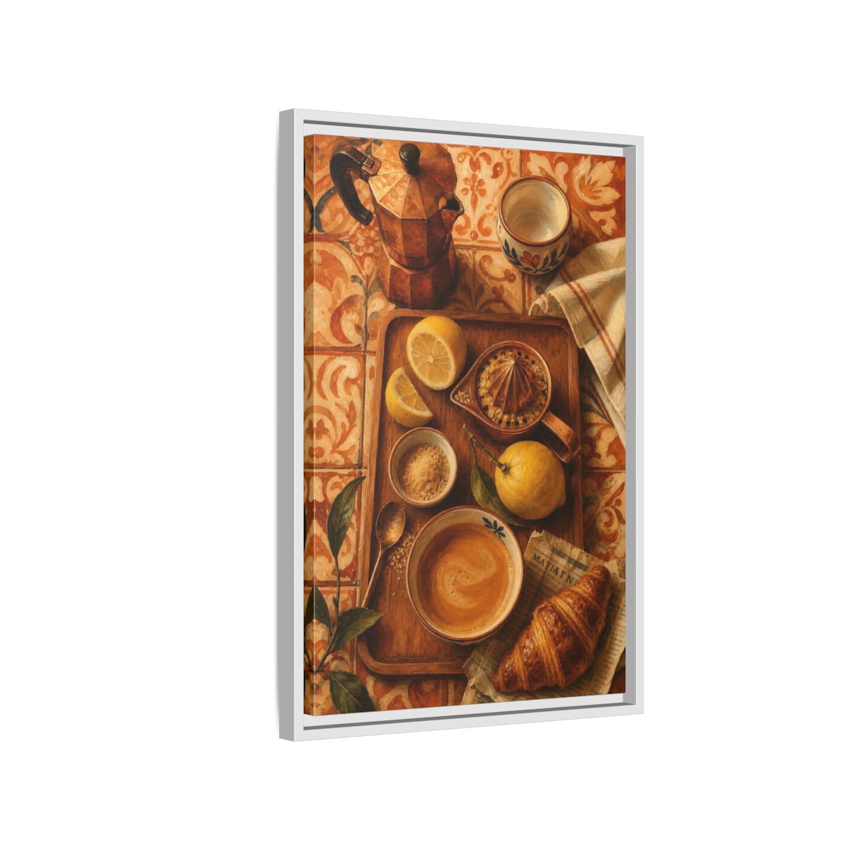 Side Mockup 1. Morning Lemon Coffee Tray shown as framed canvas print