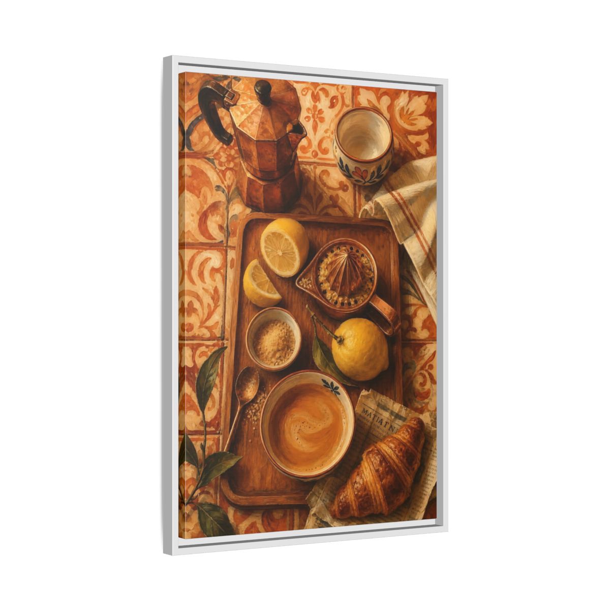 Side Mockup 10. Morning Lemon Coffee Tray shown as framed canvas print