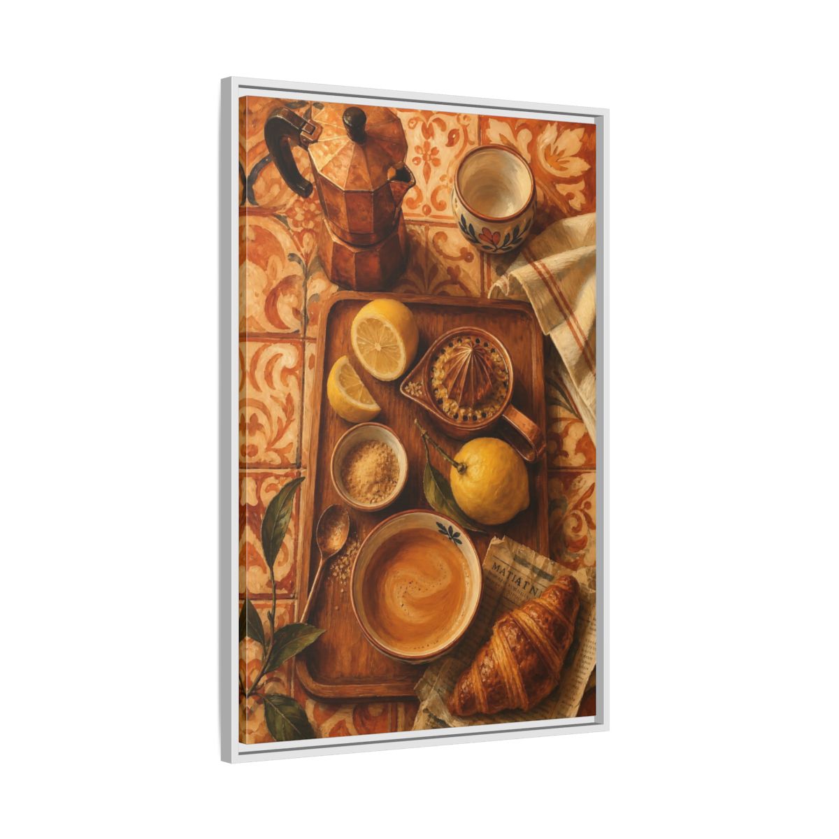 Side Mockup 9. Morning Lemon Coffee Tray shown as framed canvas print